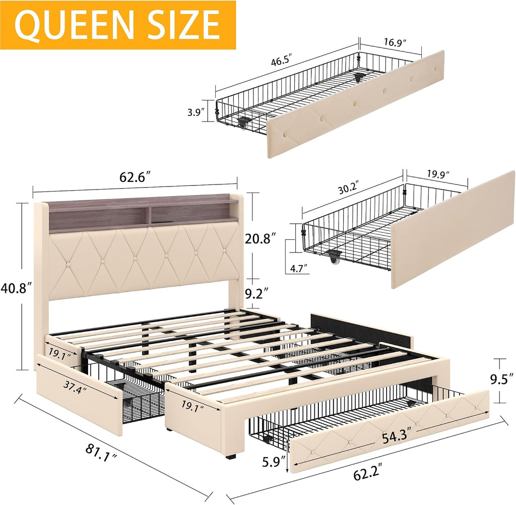 VECELO Velvet Queen Size Upholstered Bed Frame with Headboard, Sturdy Platform Queen Bed Frame with 3 Capacious Drawers, LED Light, Charging Station, USB Ports, Quiet, Easy Assembly, Beige
