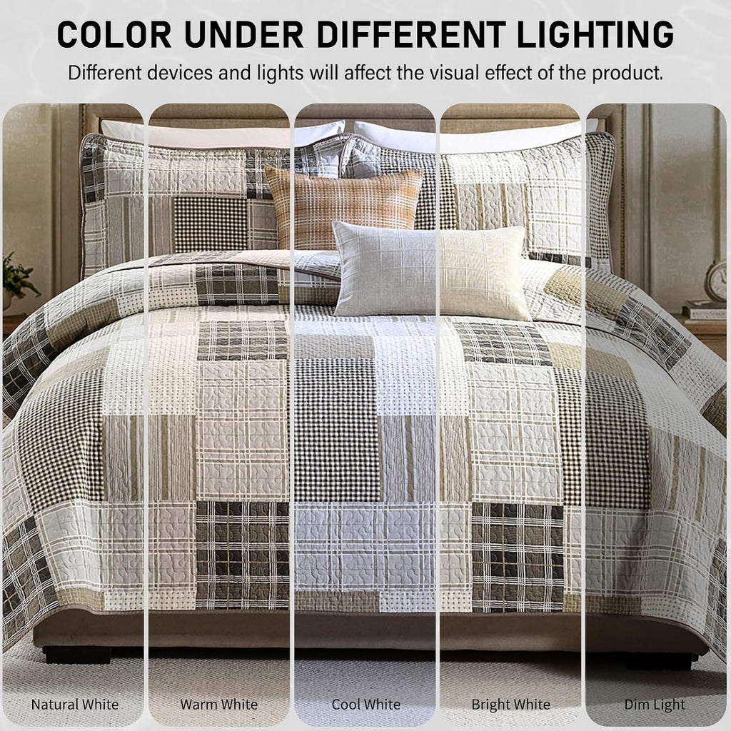 KALOOLA 100% Cotton 5-Pieces Quilt Set Queen Size, All Season Lightweight Quilted Bedspread with 2 Shams 2 Decorative Pillow Covers, Farmhouse Bedding Coverlet for Queen Bed, Beige/Cream/Brown