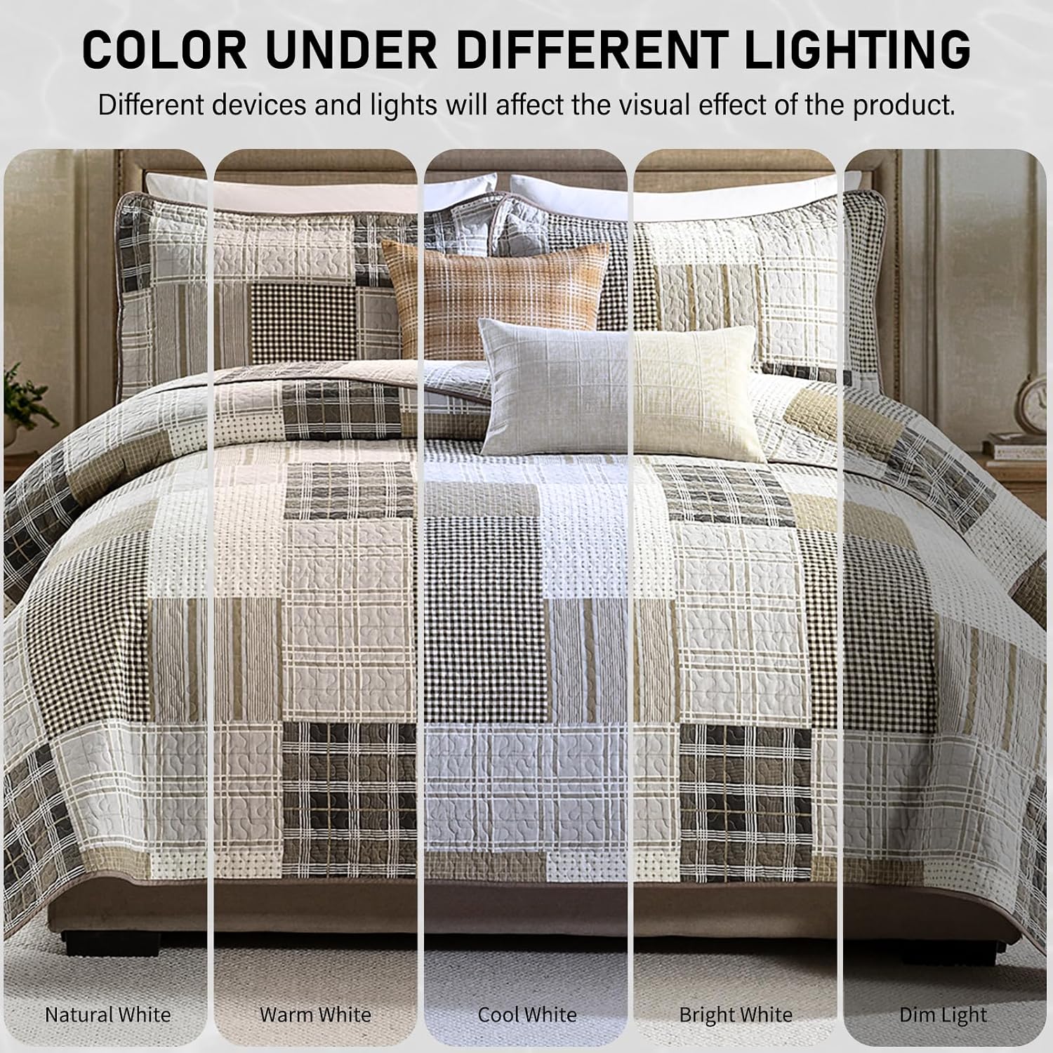KALOOLA 100% Cotton 5-Pieces Quilt Set Queen Size, All Season Lightweight Quilted Bedspread with 2 Shams 2 Decorative Pillow Covers, Farmhouse Bedding Coverlet for Queen Bed, Beige/Cream/Brown