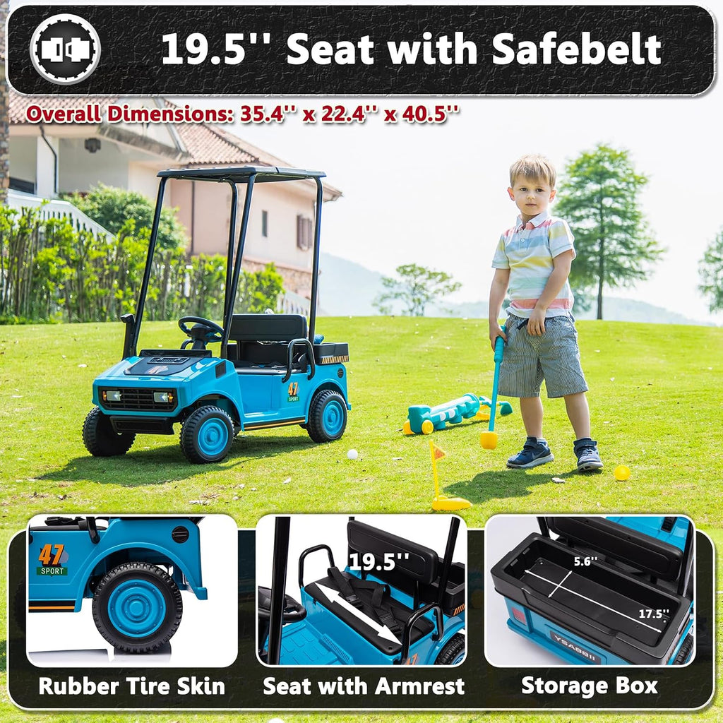 12V 7AH Kids Golf Cart with Remote Control, 2WD Ride on Toys for Boys Girls, 2 Seater Battery Powered Ride on Car with Music Player, Plastic Roof, Horn (Blue)