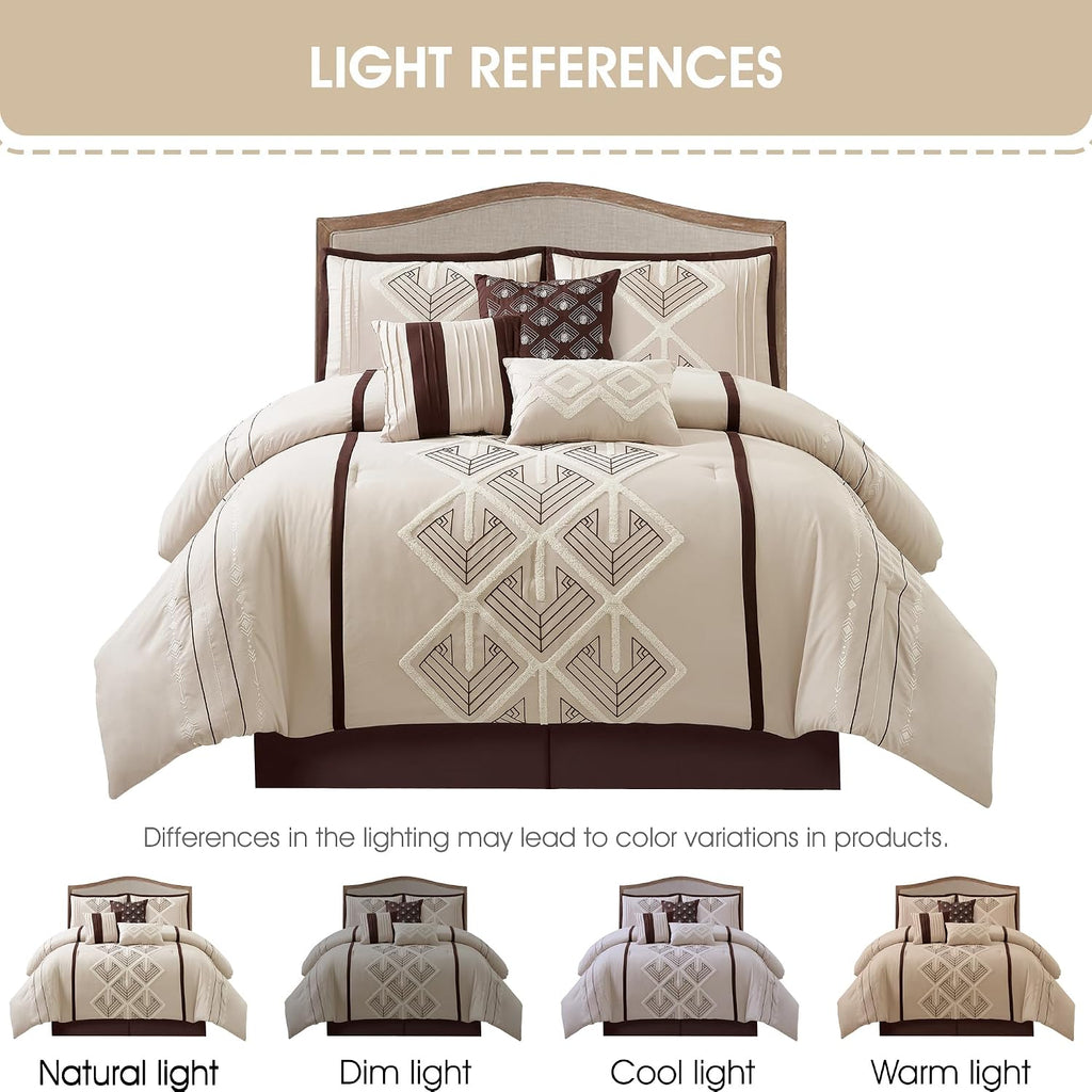 Stratford Park Brown Comforter Set Queen Size, 7 Piece, Terry Embroidery Geometric Home Decor, Matcking Bed Skirt, Pillows & Shams, All Season Bedding Set