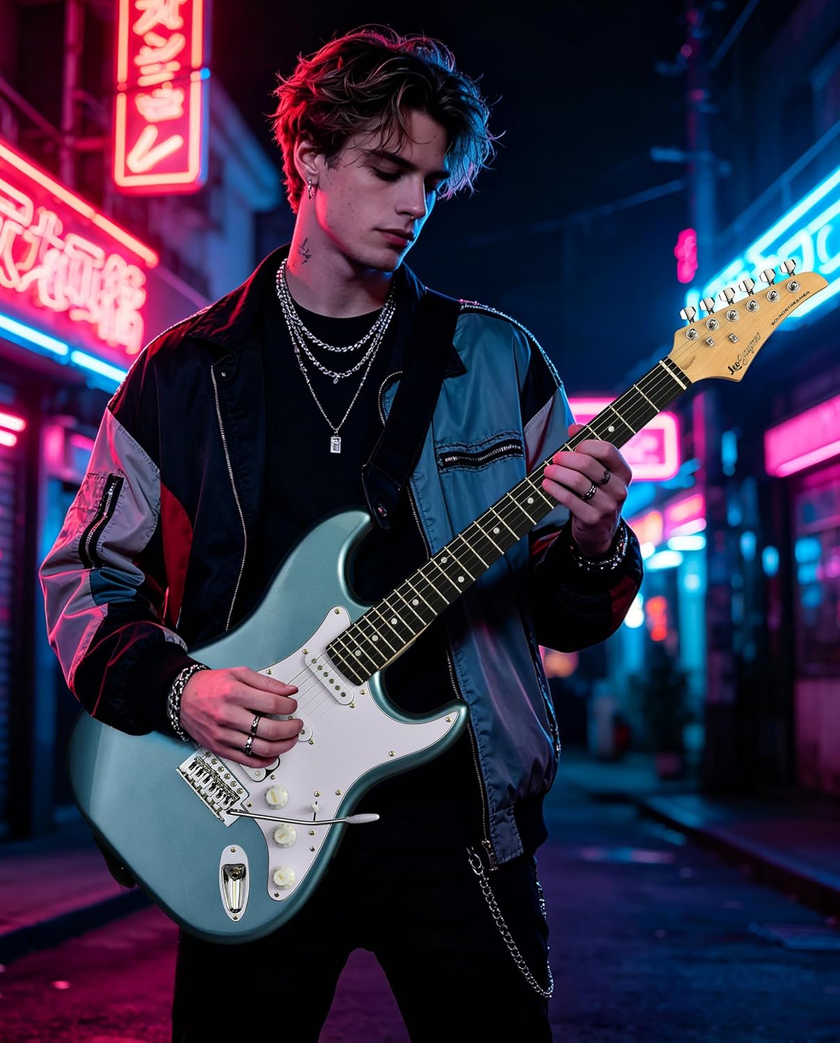 Leo Jaymz Beginner Electric Guitar 39' Kit with Portable Amplifier, Padded Gig Bag, Digital Tuner，Capo，Strap，Picks，HSS Pickups (Cyan-HSS)