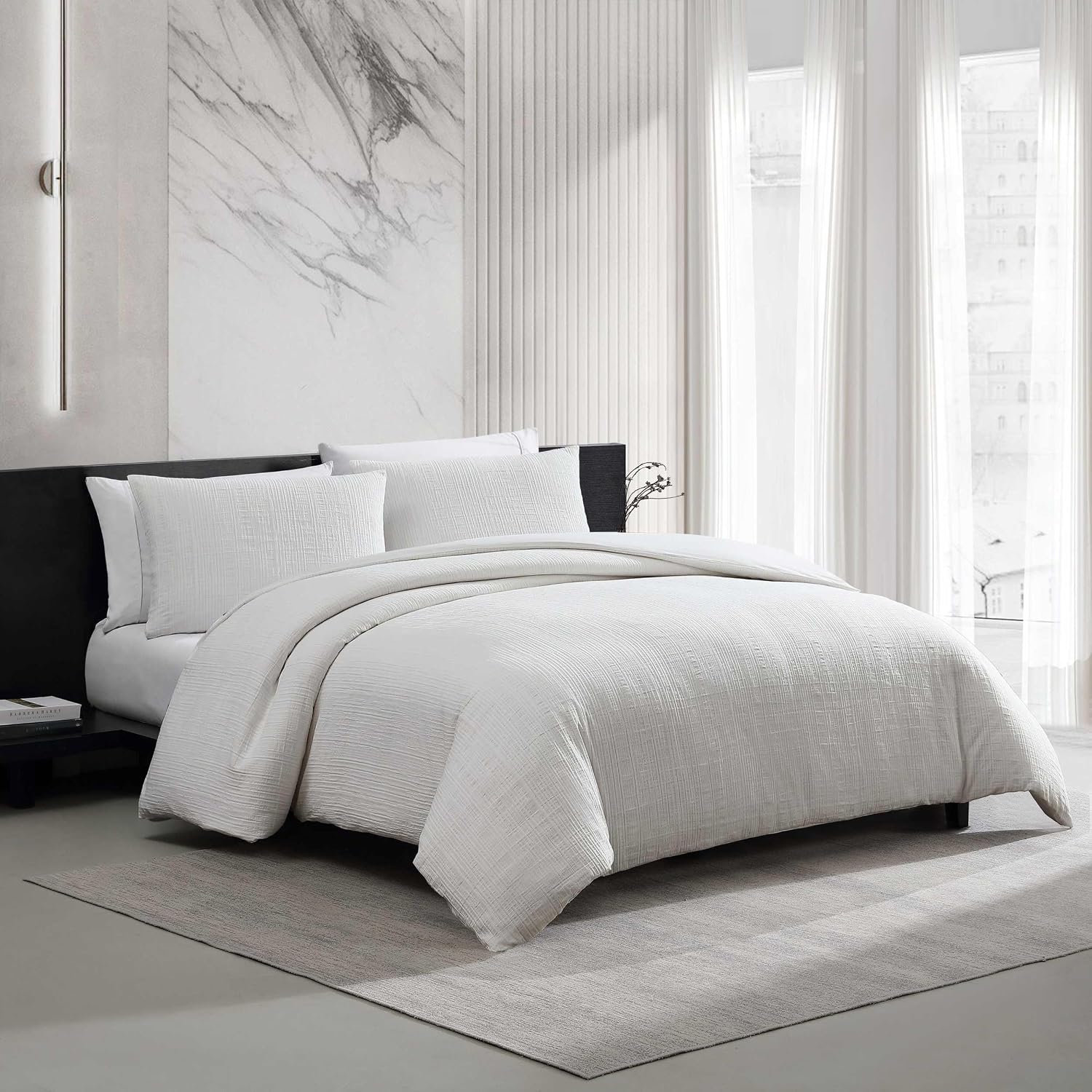 Vera Wang - Comforter Set, Luxurious Bedding Set with Matching Shams, Grid Pattern Design, Chic Room Essentials (Bark Texture White, Queen)