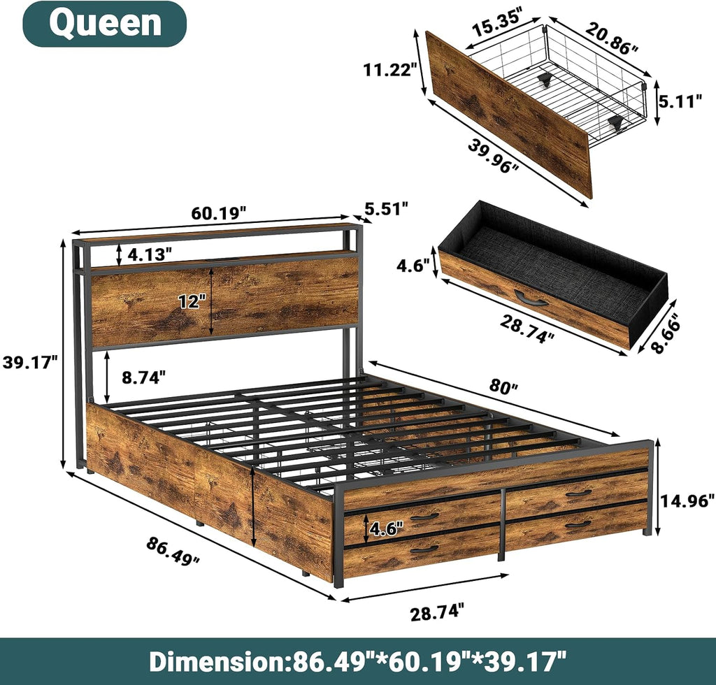 Zevemomo Queen Bed Frame with 8 Drawers, Queen Metal Bed Frame with LED Light & Charging Station, Heavy Duty Metal Slats, No Box Spring Needed, Rustic Brown