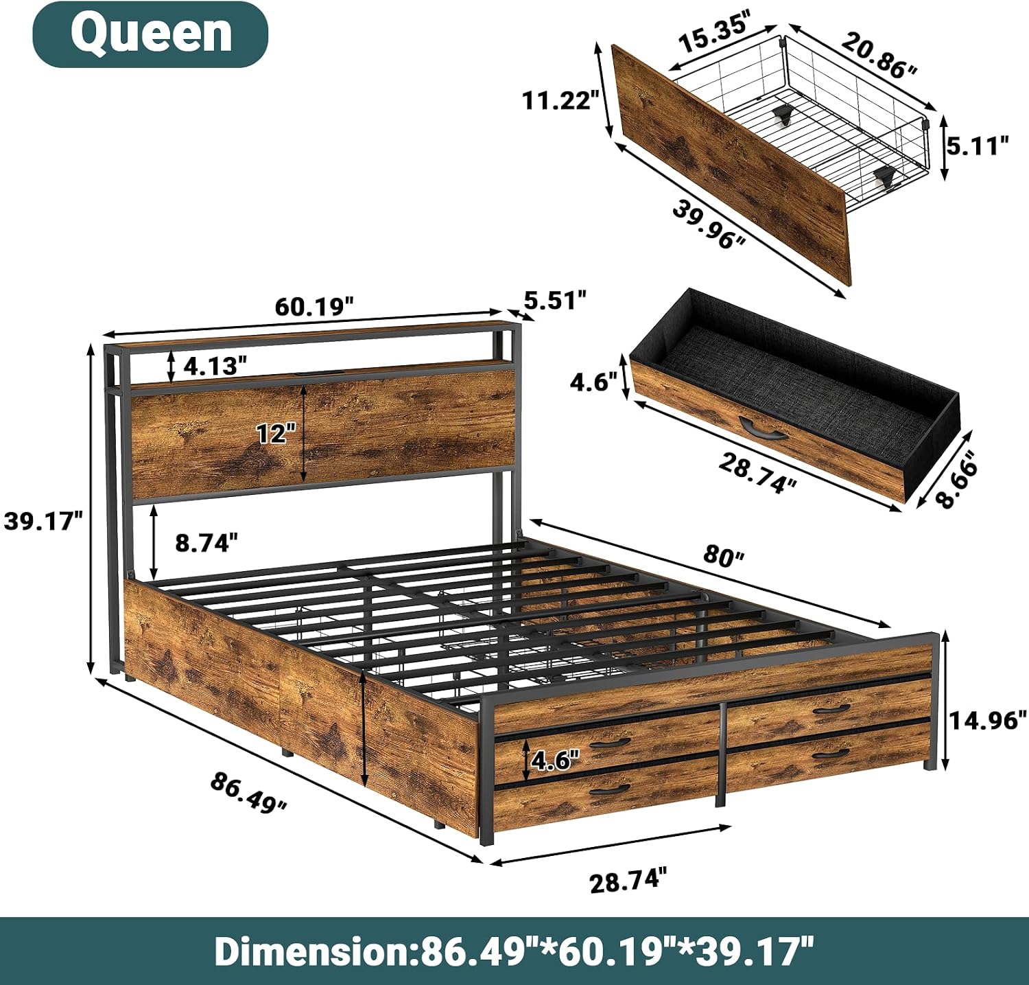 Zevemomo Queen Bed Frame with 8 Drawers, Queen Metal Bed Frame with LED Light & Charging Station, Heavy Duty Metal Slats, No Box Spring Needed, Rustic Brown