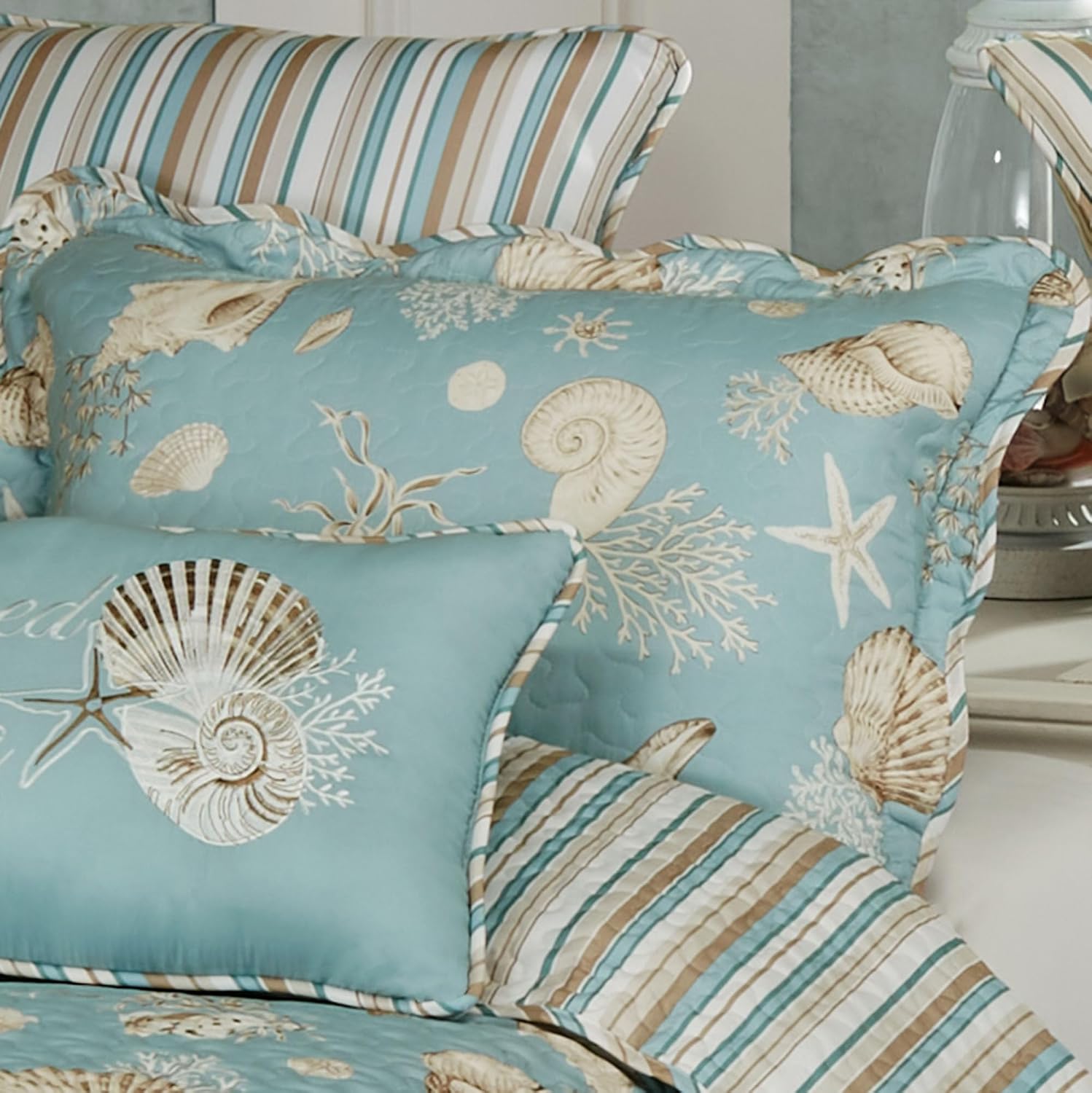 Seabreeze Coastal Beach Polyester Microfiber Bedding | All Season Quilted | Shell Starfish Coral Stripe | Aqua Teal Ivory Cream | Washable 3 Pc Set: Twin Quilt, 1 Standard Sham, Bedskirt