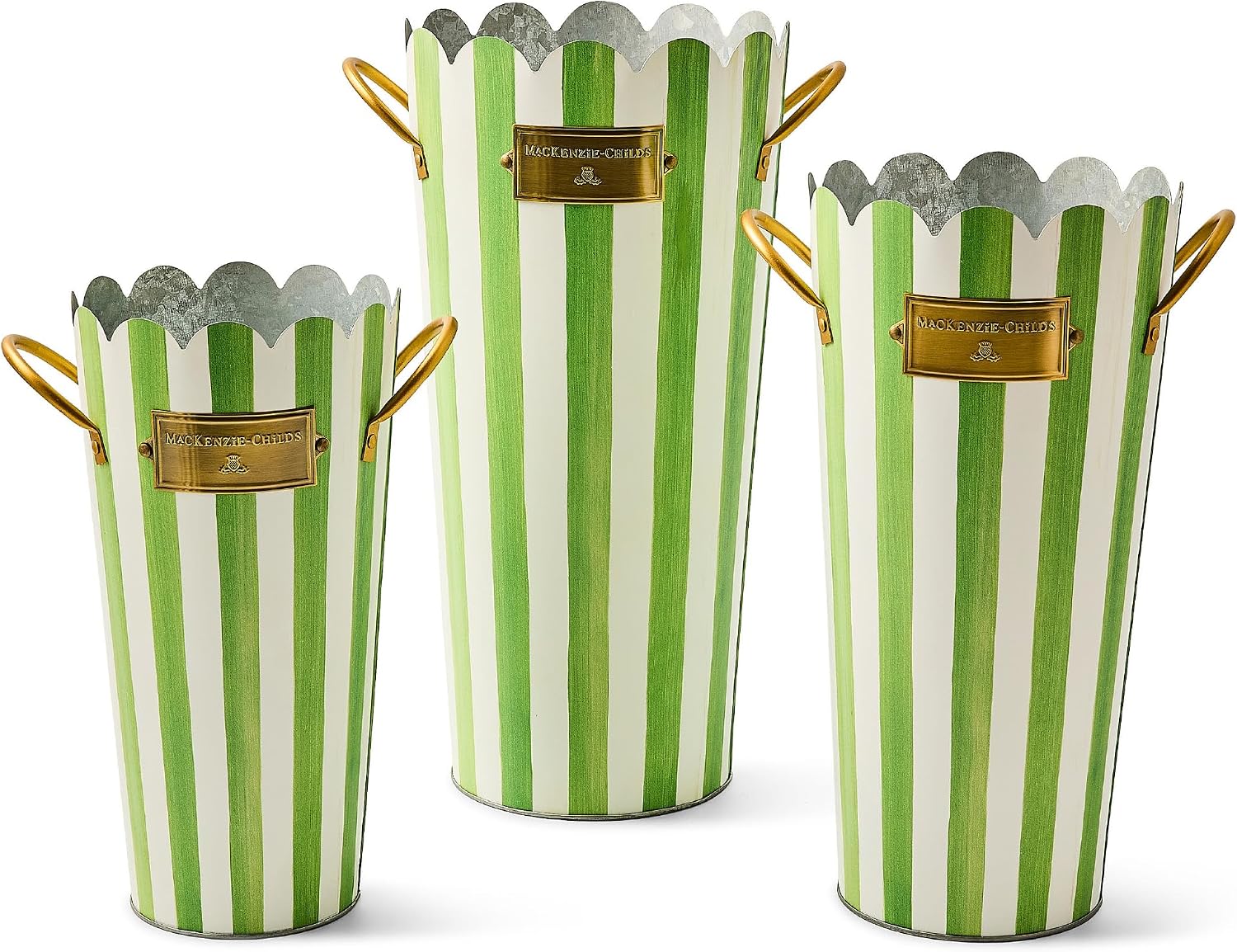 MACKENZIE-CHILDS Set of 3 Galvanized Flower Buckets, Decorative Metal Buckets, Green-and-White Grass Green Stripe