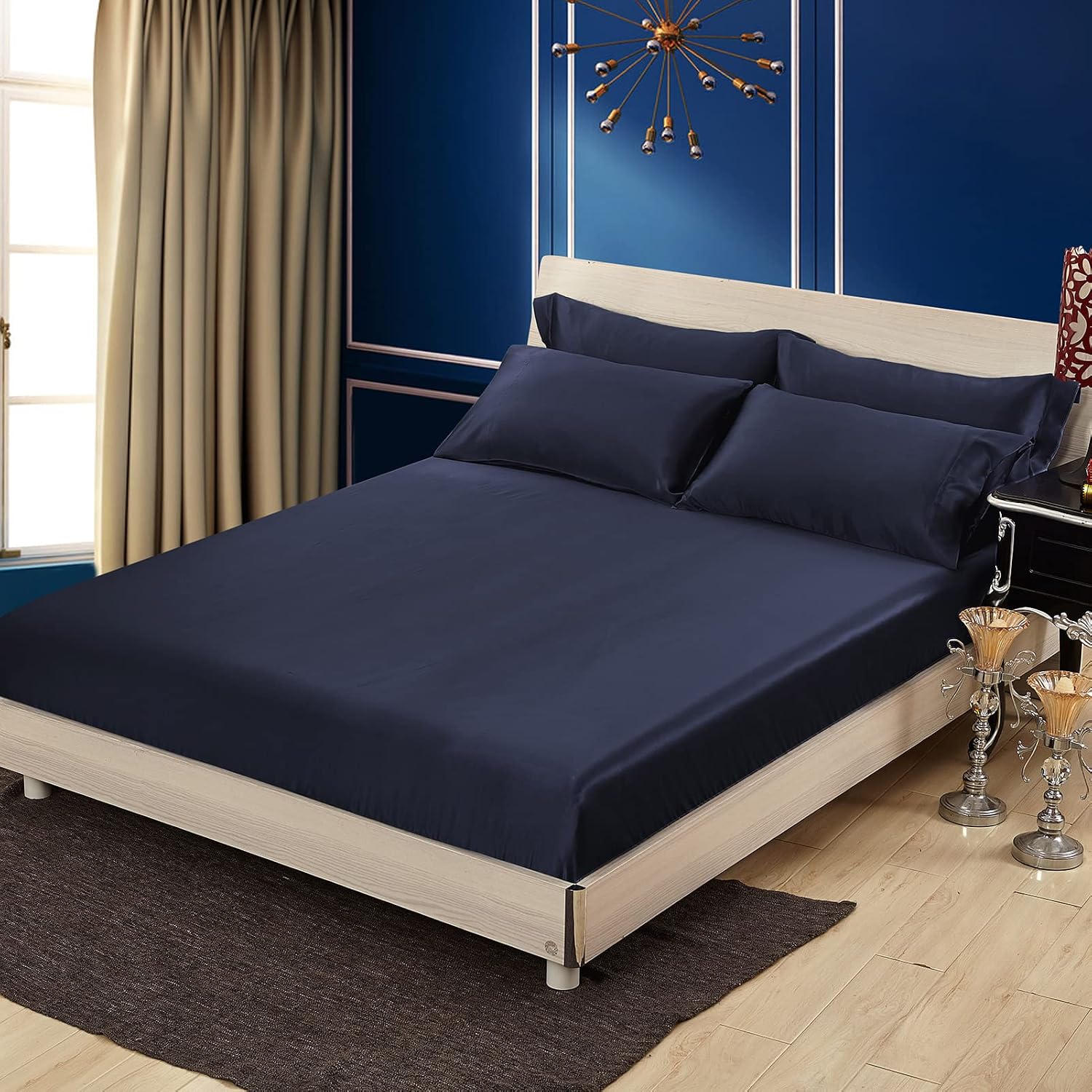 LilySilk 3PC Silk Fitted Sheets Set 100% Mulberry Silk 6A Grade, 2 Silk Pillowcases and 1 Silk Fitted Sheet, 16 Inch Deep Pocket, 19 Momme Silk Bed Sheets Navy Blue, King