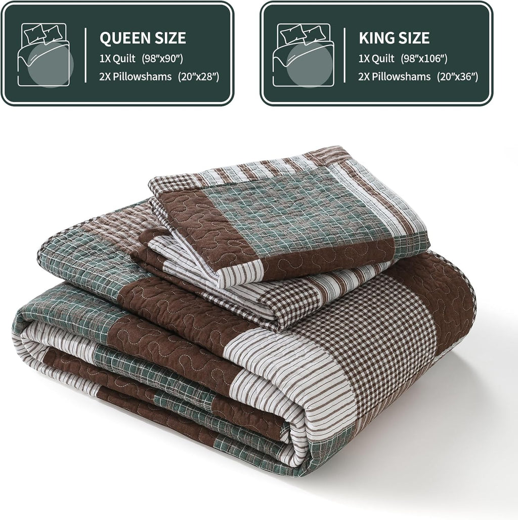 KALOOLA Plaid King Size Quilt Set, 100% Cotton Lightweight Quilted Bedspread with 2 Pillowshams for King Bed, Farmhouse Printed Bedding Set Coverlet for All Season, 3Pcs, Brown/Green