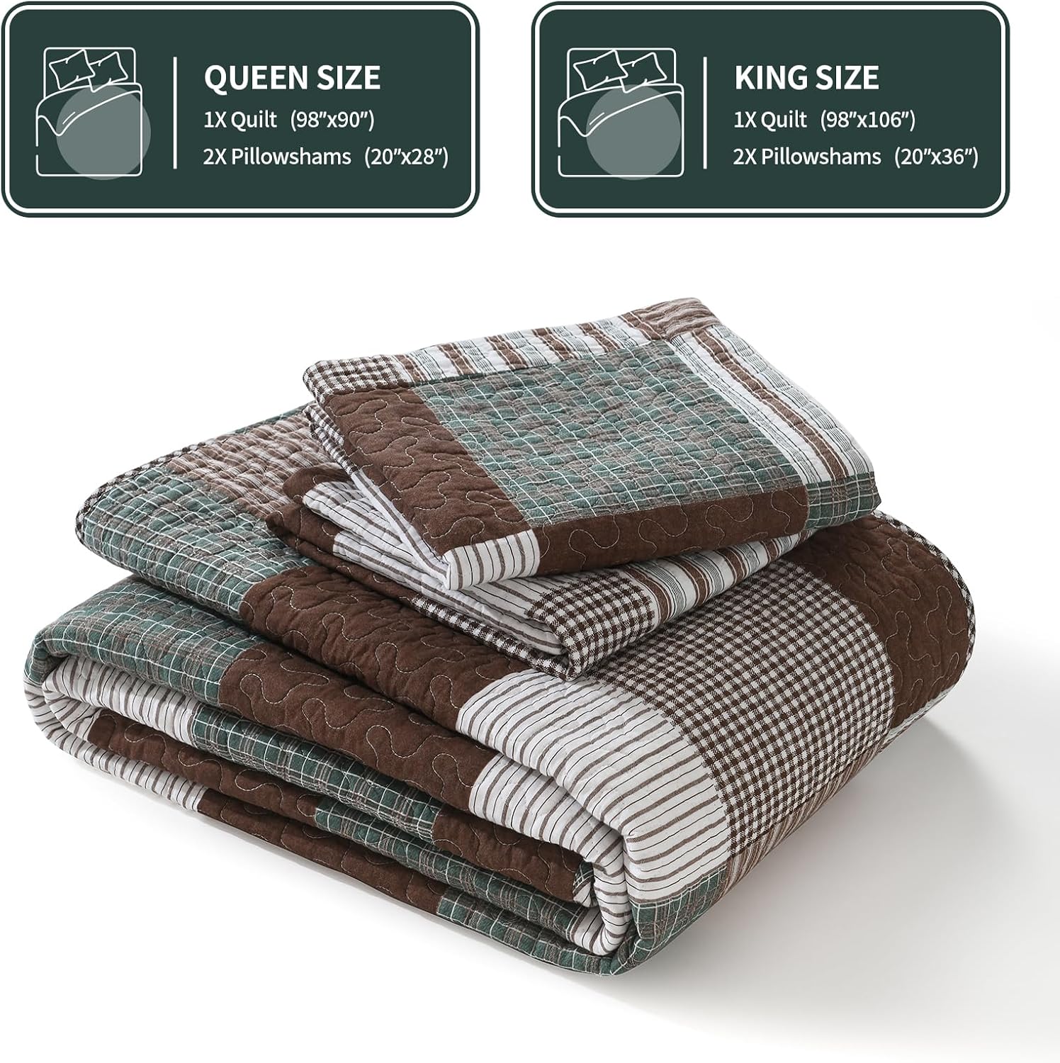 KALOOLA Plaid King Size Quilt Set, 100% Cotton Lightweight Quilted Bedspread with 2 Pillowshams for King Bed, Farmhouse Printed Bedding Set Coverlet for All Season, 3Pcs, Brown/Green