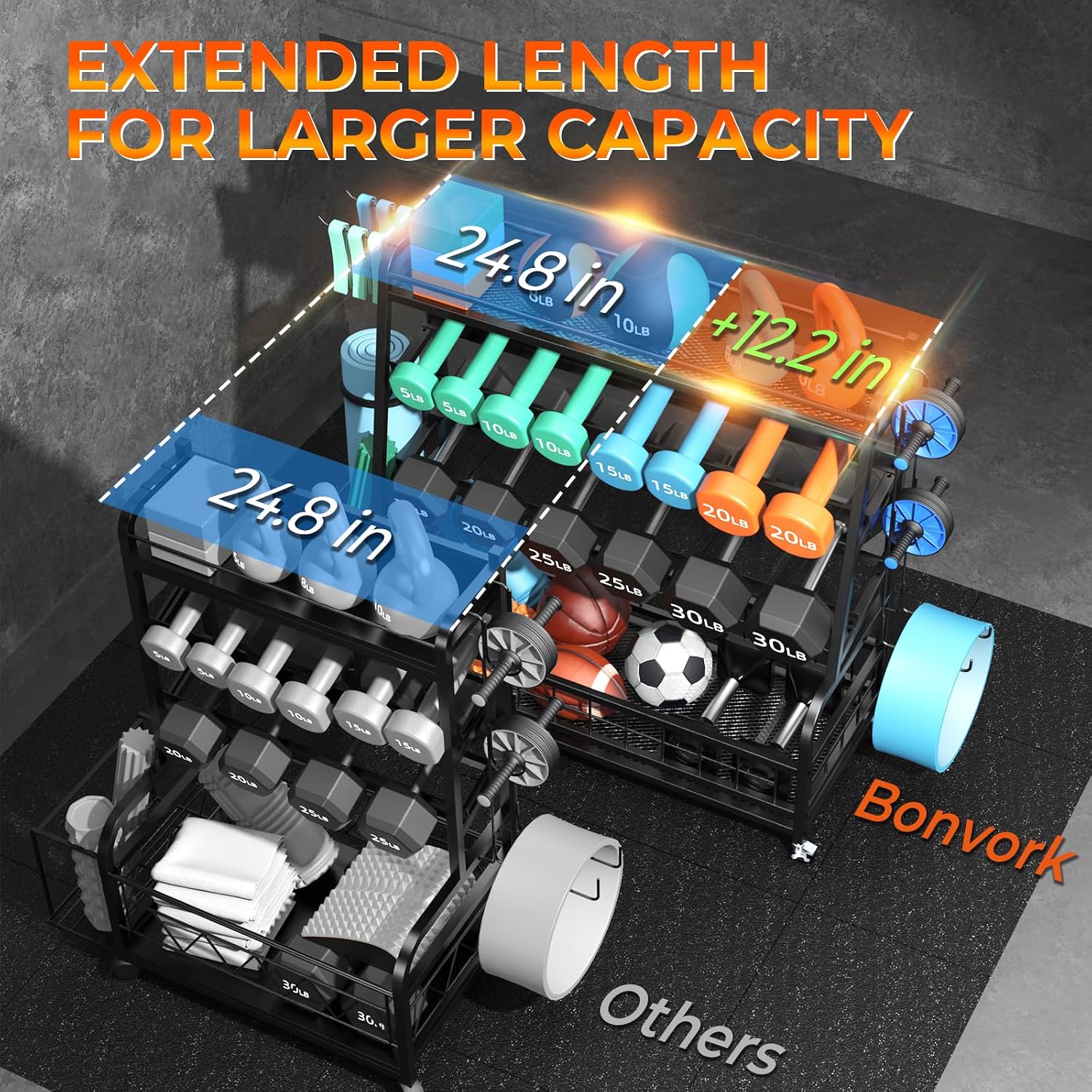 Upgraded XXL Dumbbell Rack Weight Stand - Bonvork Adjustable Weight Rack for Dumbbells, Home Gym Storage Rack With 3MM Thickened Angle Iron for Balls,Yoga Mat, Workout Equipment Organizer With Wheels