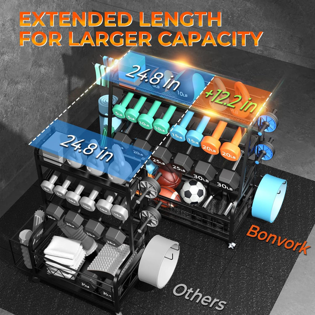 Upgraded XL Dumbbell Rack Weight Stand - Adjustable Weight Rack for Dumbbells, Home Gym Storage Rack for Kettlebell, Balls,Yoga Mat Storage Holder, Workout Equipment Storage Organizer With Wheels