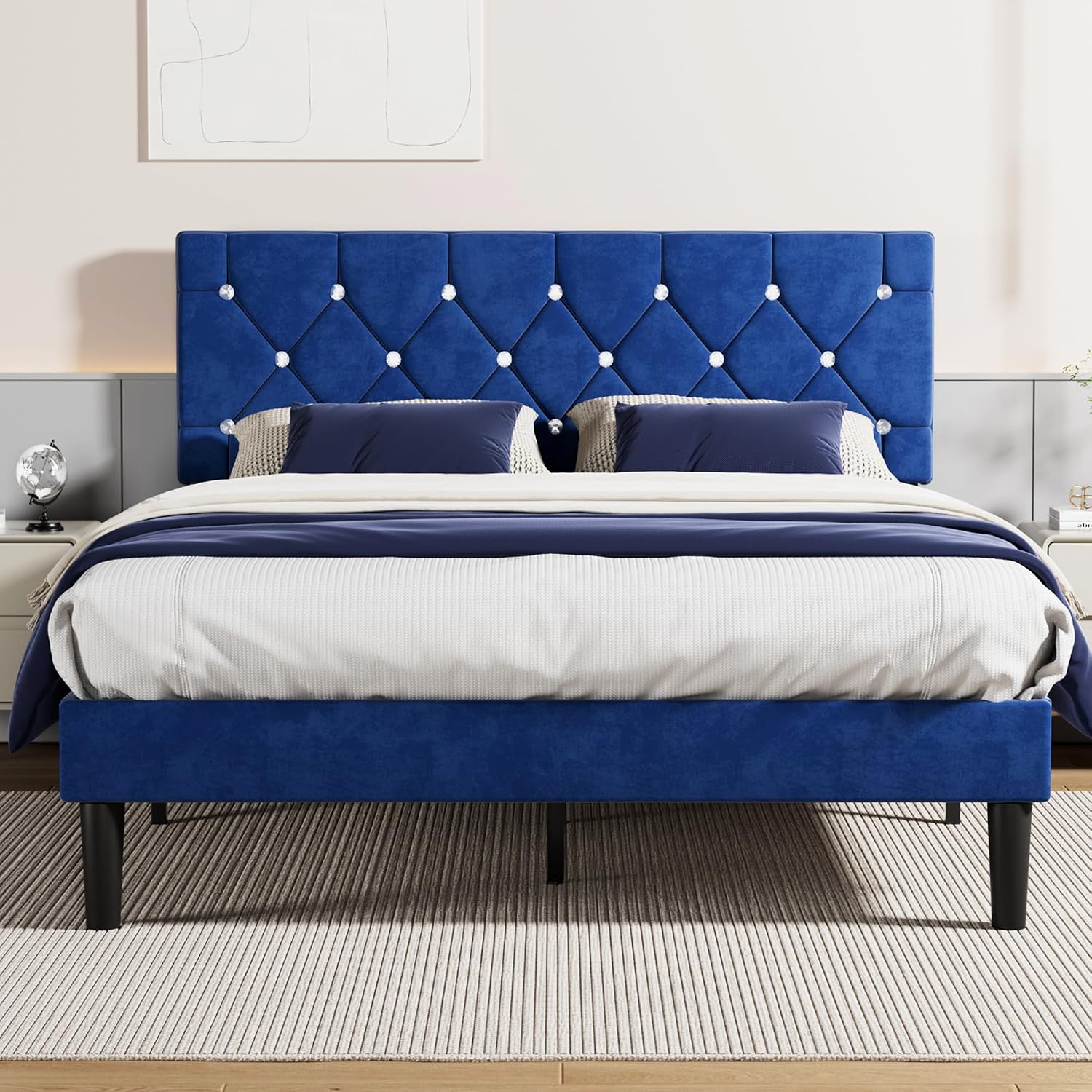 VECELO Queen Size Bed Frame, Upholstered Platform with Adjustable Diamond Tufted Headboard, Wood Slat Support, No Box Spring Needed, Navy Blue