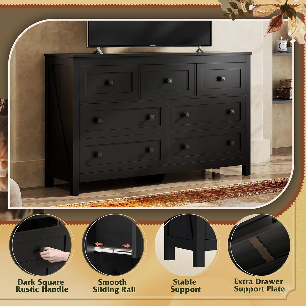 WLIVE Farmhouse Dresser for Bedroom, 51.18'' Wide 7 Drawer Wood Dresser, Black TV Stand for 65 inch TV, Wooden Chest of Drawers for Bedroom, Modern Clothes Organizer for Living Room, Hallway