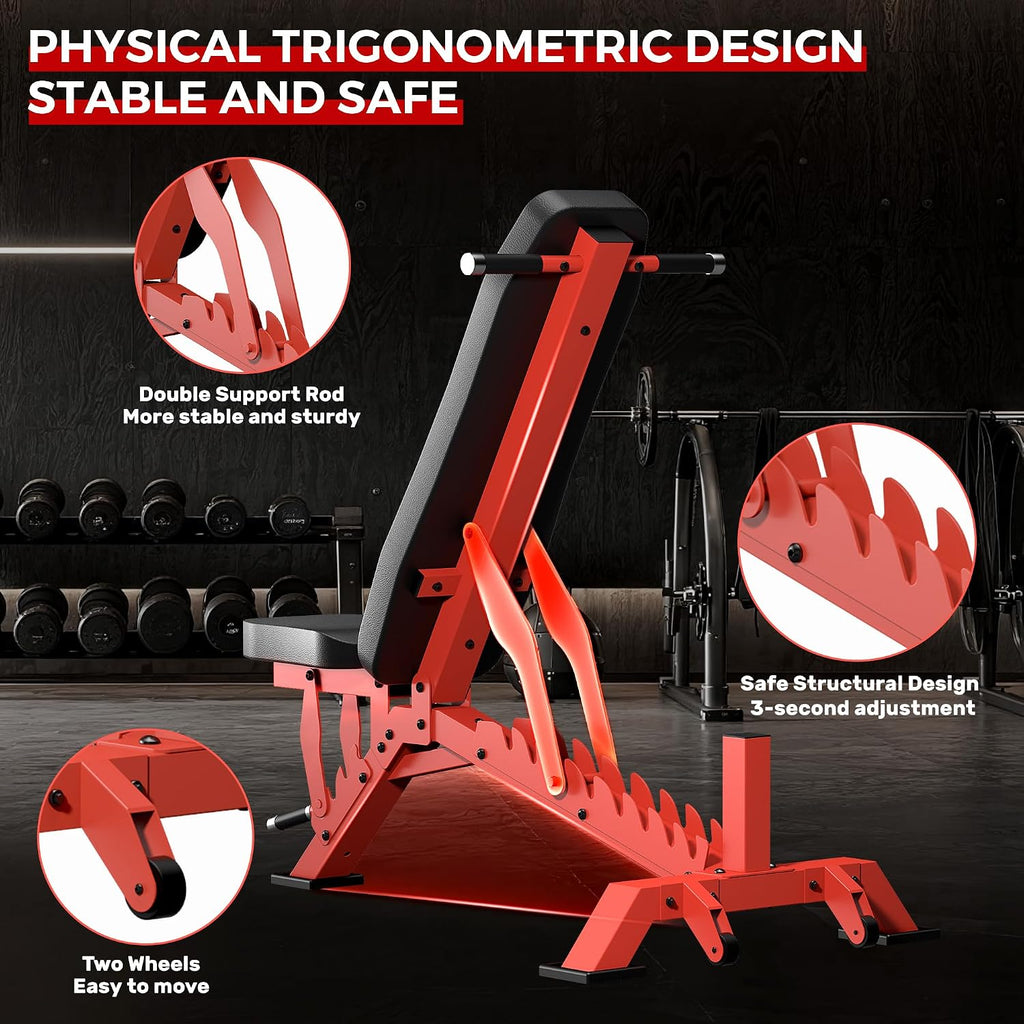 Weight Bench, Adjustable Workout Bench for Home Gym Full Body Workout, 1300LBS Weight Capacity Bench Press, Flat/Incline Bench with 33' Extra-Long Backrest & Wheels