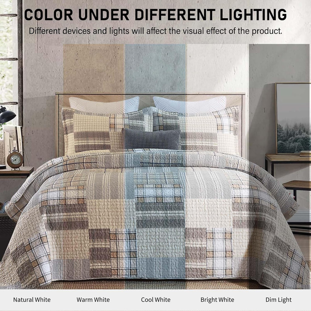 KALOOLA 100% Cotton Quilt Set King Size, Farmhouse Plaid Quilted Bedspread with 2 Pillow Shams, 3 Pieces Rustic Reversible Lightweight Bedding Coverlet for All Season, Brown/Beige/White