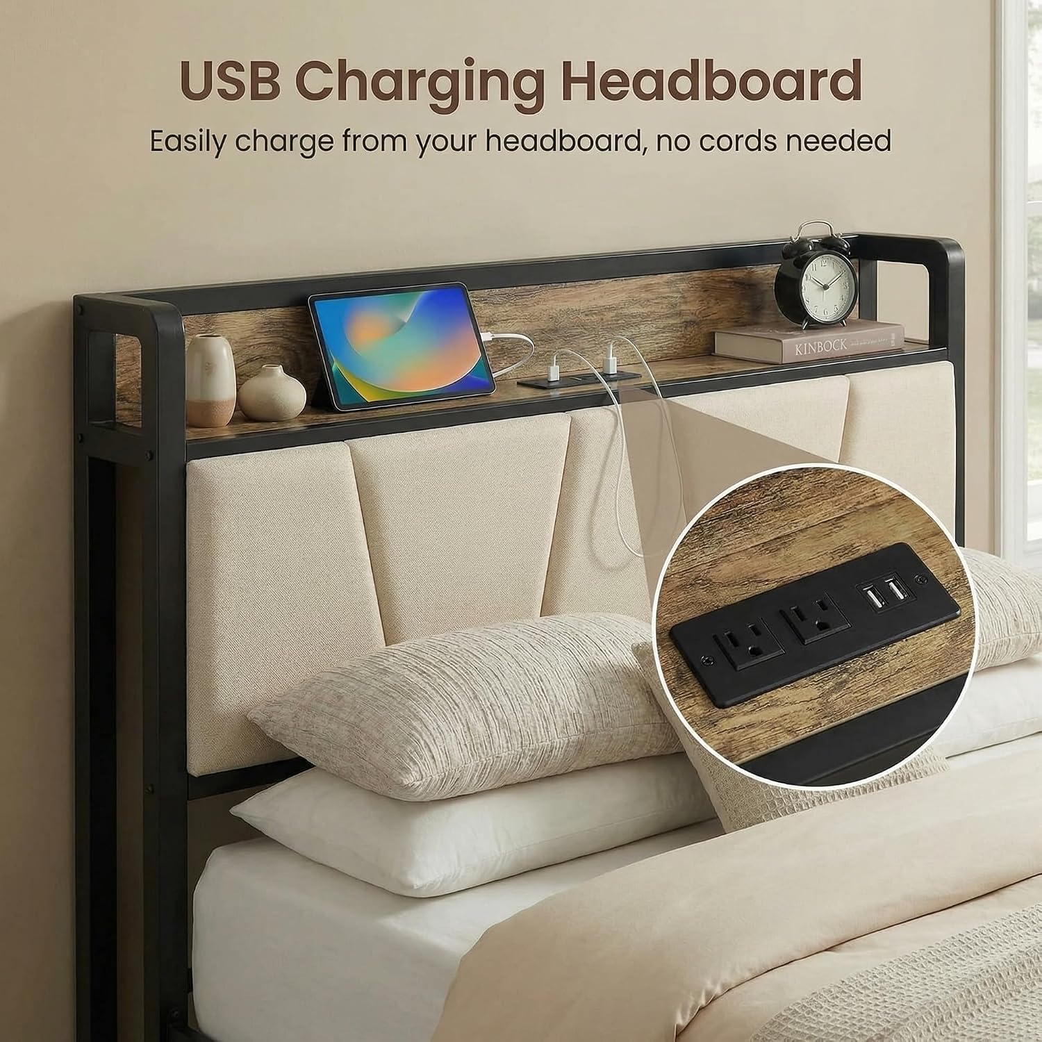 LIKIMIO Twin Bed Frames, Storage Headboard with Charging Station, Solid and Stable, Noise Free, No Box Spring Needed, Easy Assembly (Walnut and Beige)