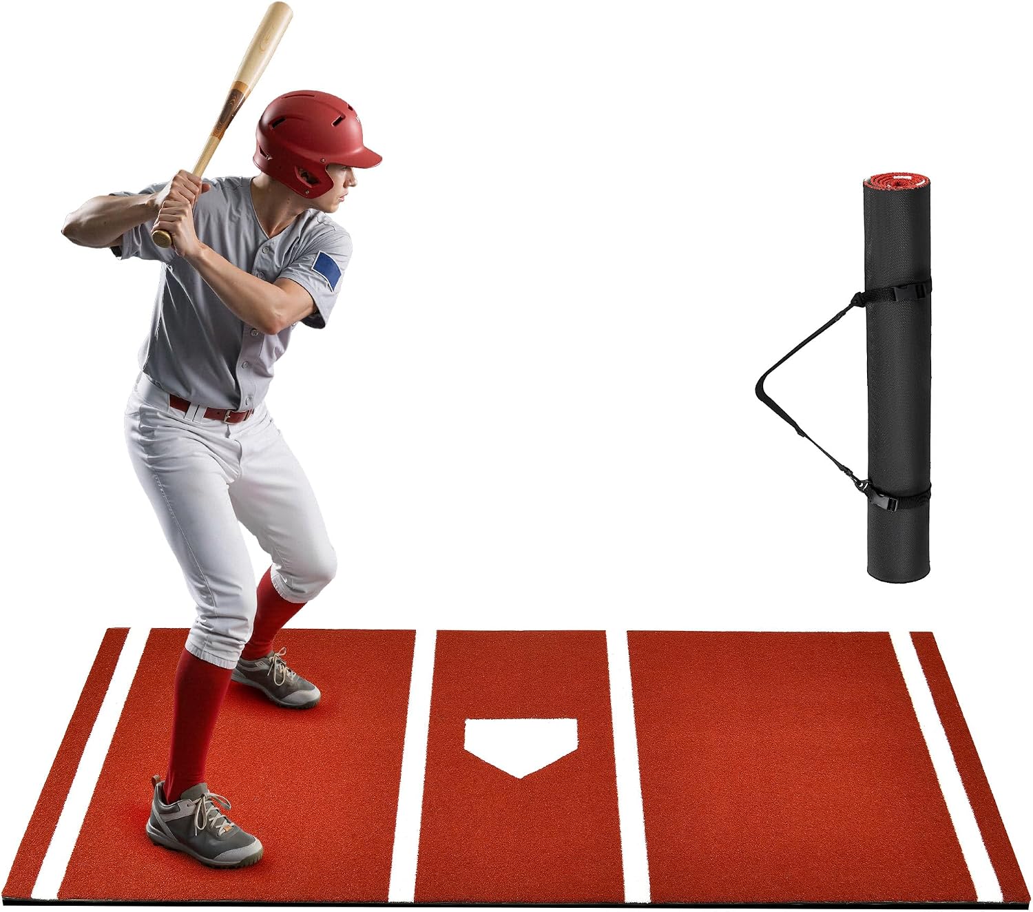 Batting Mat, 6x4/10x3.8/12x6FT Baseball Softball Hitting Mat for Batting Stance Practice, Batters Box Turf Mats with Home Plate, Non-Slip Baseball Cage Mats for Outdoor Indoor with Carry Strap