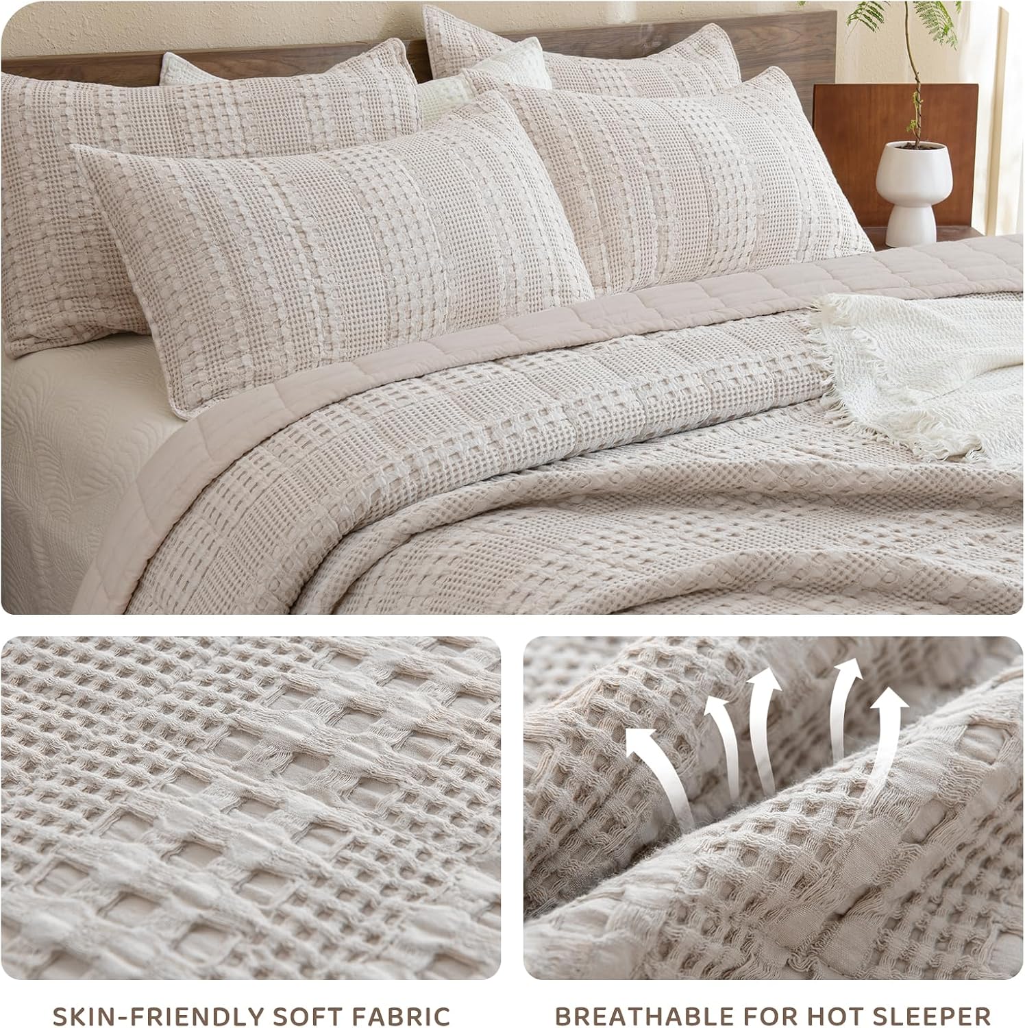 Sanracie Oversized King Quilt (120'x120'), Cotton Oatmeal Colored Waffle Weave Quilted Bedding Set Super Large Soft Bedspread 3Pcs Luxury Aesthetic Coverlet Set for All Season
