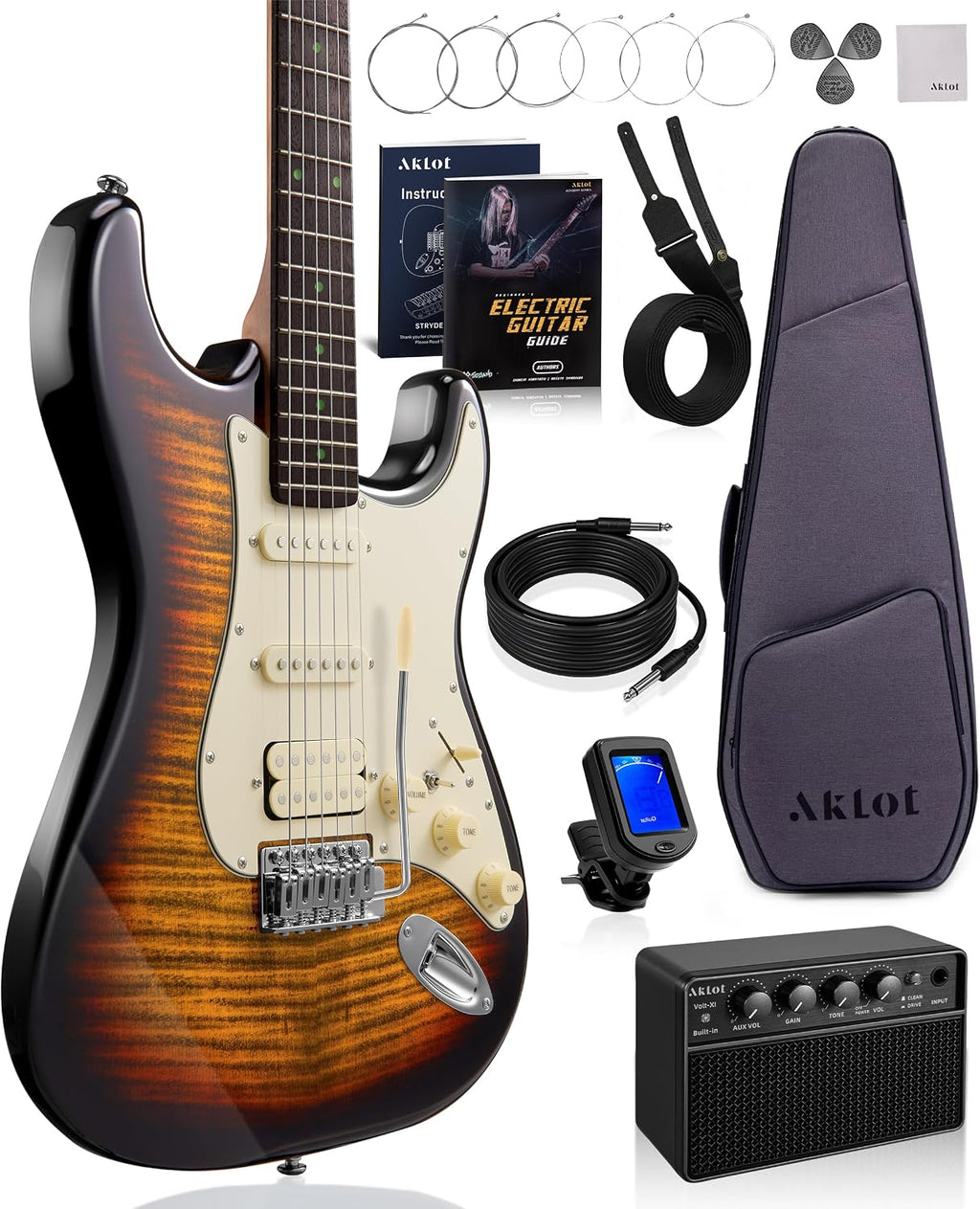 AKLOT Beginner Electric Guitar Kit: 10W Amp, Coil-Split HSS Pickups, Lesson Book, Roasted Maple Neck, Gig Bag, Tuner, Strap, Picks, Stryde Inferno Burst