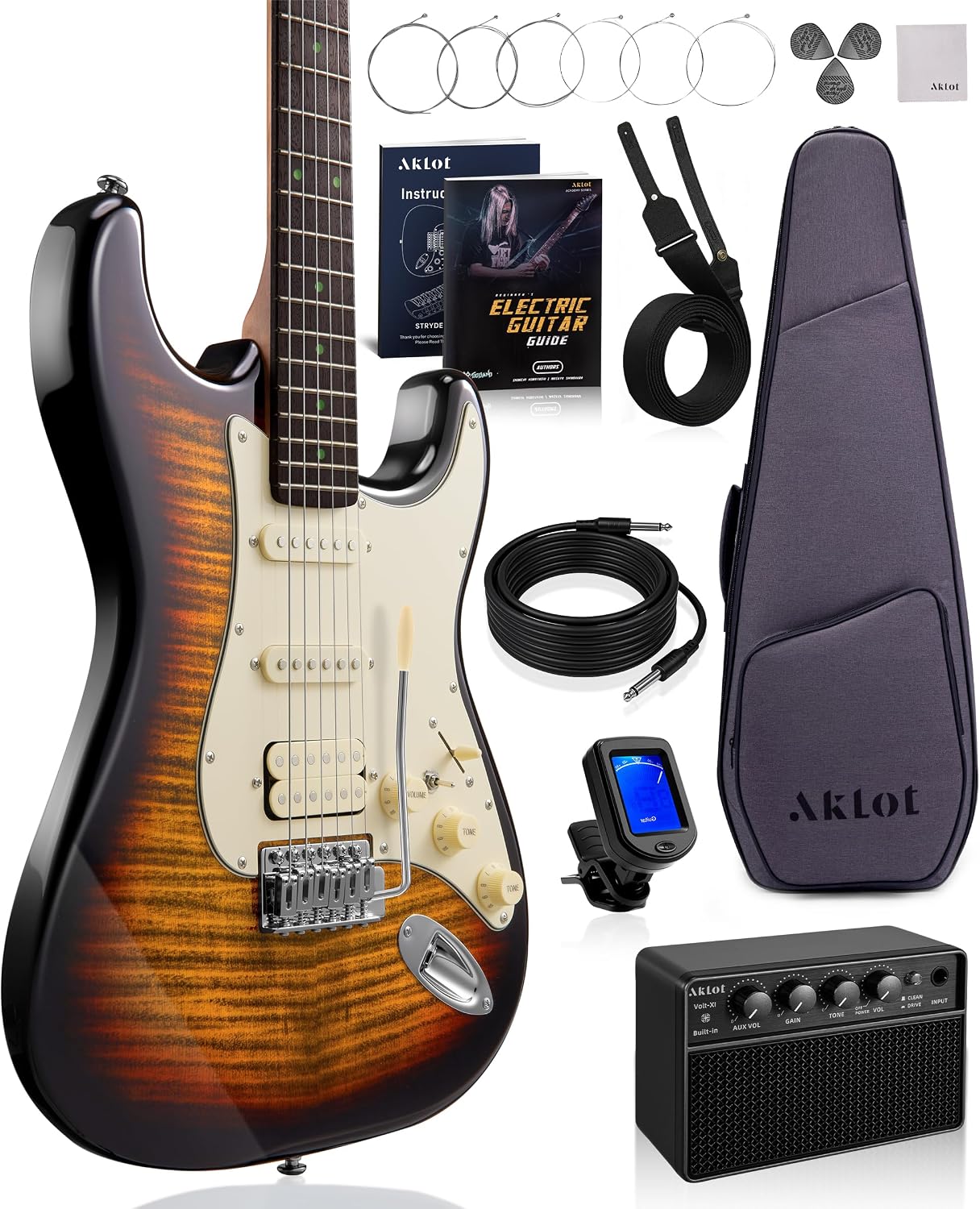 AKLOT Beginner Electric Guitar Kit: 10W Amp, Coil-Split HSS Pickups, Lesson Book, Roasted Maple Neck, Gig Bag, Tuner, Strap, Picks, Stryde Inferno Burst