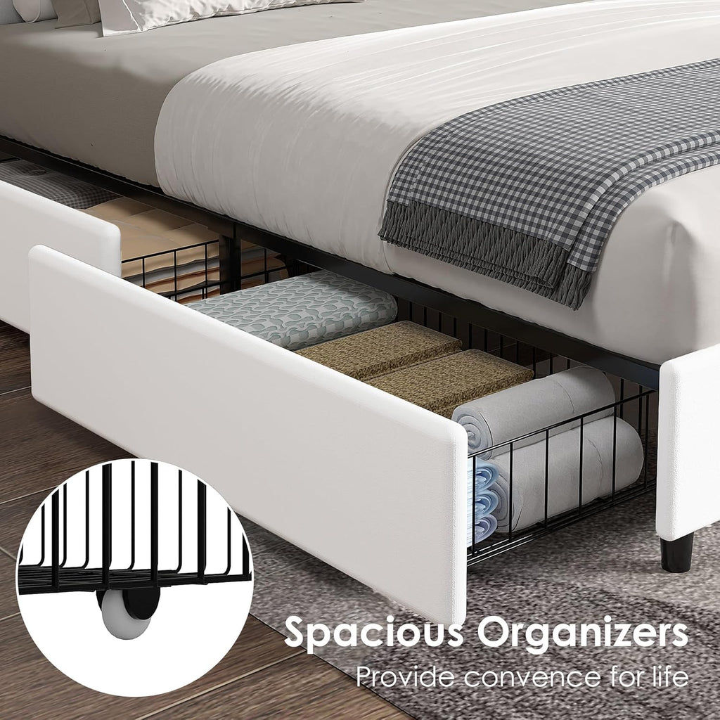 VECELO King Size Upholstered Bed Frame with 4 Storage Drawers, Adjustable Velvet Rivet Decor Headboard, Wooden Slats Platform Support, No Box Spring Needed, Easy Assembly,White