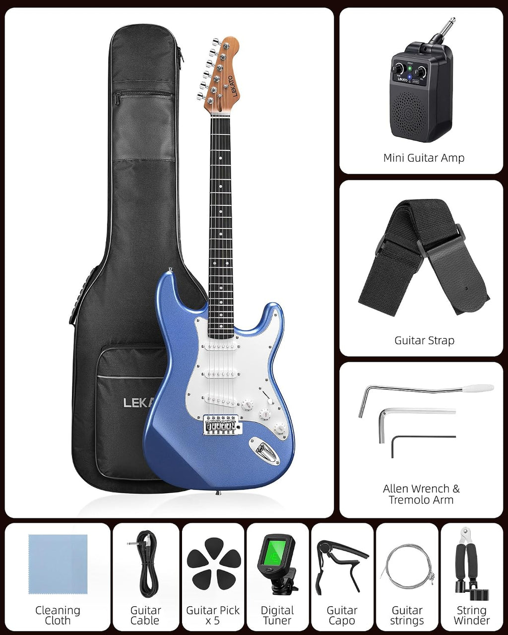 LEKATO Beginner Electric Guitar Kit 39 Inch Full Size Solid Body Guitar SSS for Starter Roasted Maple Neck Stainless Steel Frets, 5w Plug-in Amp, Bag, Tuner, Capo, Strap, Picks, String, Cable - Blue