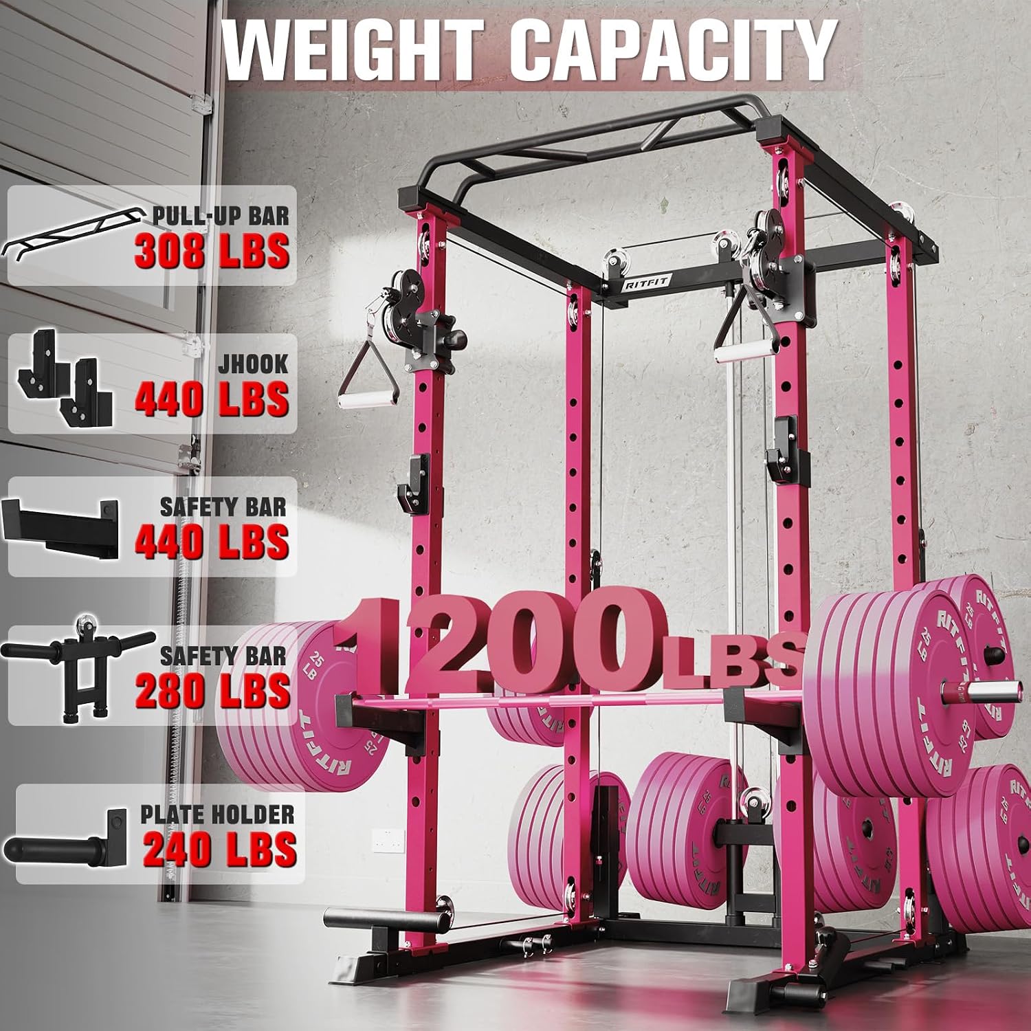 RitFit Multi-Function Garage & Home Gym Package Includes 1200LBS Power Cage PPC03/P3 with Cable Crossover System, Weight Bench, Olympic Barbell Weight Set, Full Body Workout