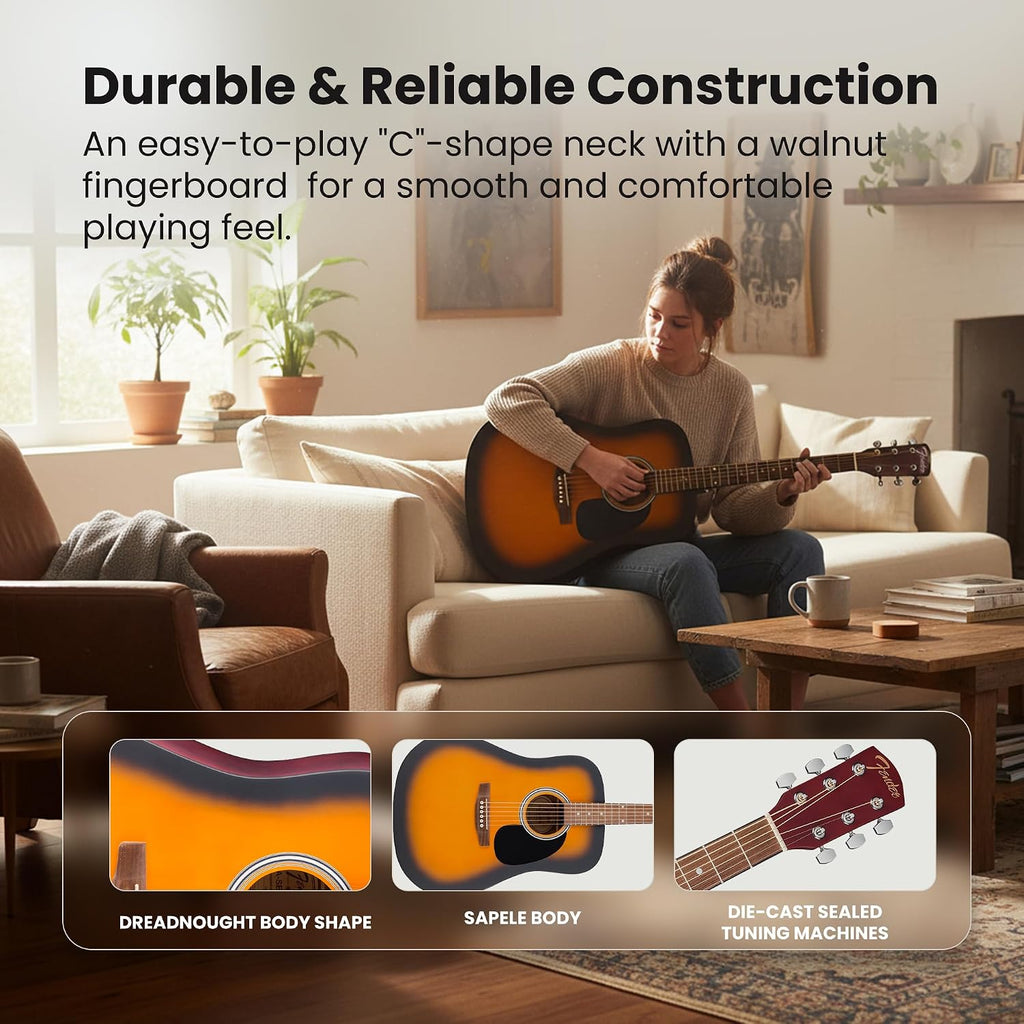 Fender FA Series Dreadnought Acoustic Guitar - 2-Color Sunburst Bundle with Gig Bag, Tuner, Strings, Picks, and Austin Bazaar Instructional DVD