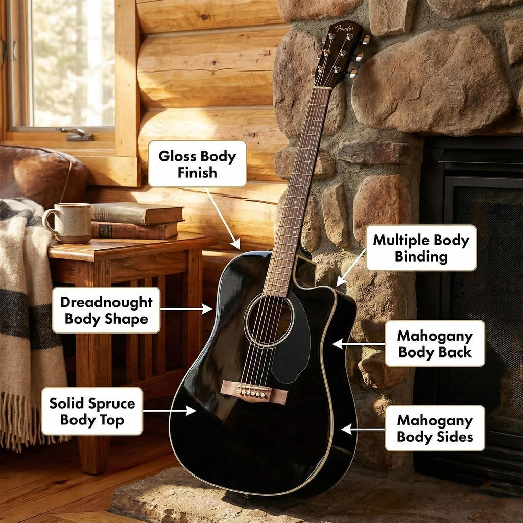 Fender CD-60SCE Solid Top Dreadnought Acoustic-Electric Guitar - Black Bundle with Hard Case, Instrument Cable, Tuner, Strap, Strings, Picks and Austin Bazaar Instructional DVD