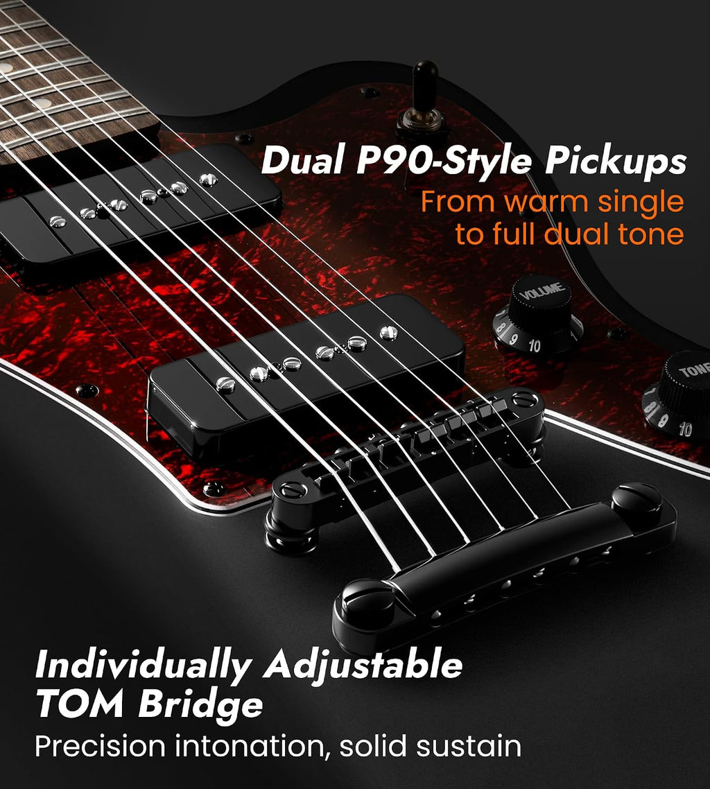 Tostar Electric Guitar: P90 Pickups, TOM Bridge & Smoked Matte Finish, 3-Way Switch, 39' Solid Body Electric Guitar for Intermediate Players, Guitarra Eléctrica Kit, Musical Birthday Gifts, Black