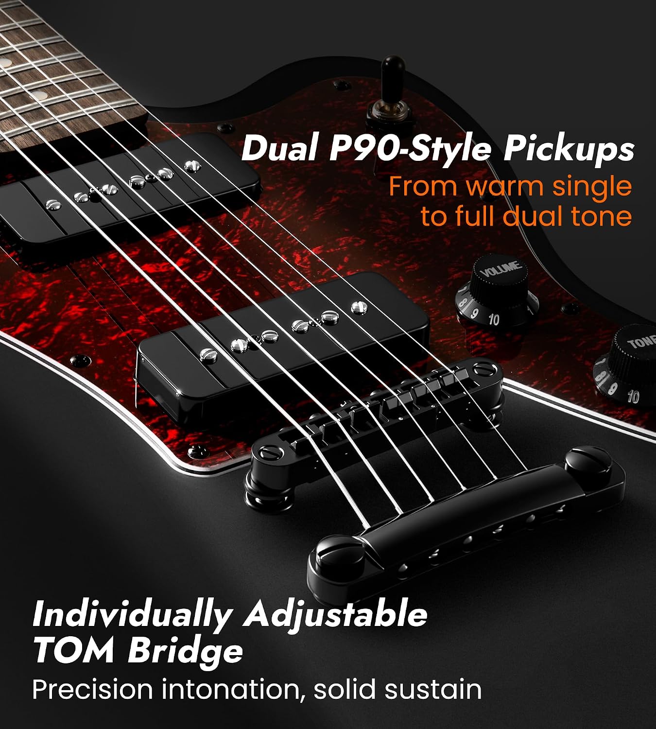 Tostar Electric Guitar: P90 Pickups, TOM Bridge & Smoked Matte Finish, 3-Way Switch, 39' Solid Body Electric Guitar for Intermediate Players, Guitarra Eléctrica Kit, Musical Birthday Gifts, Black