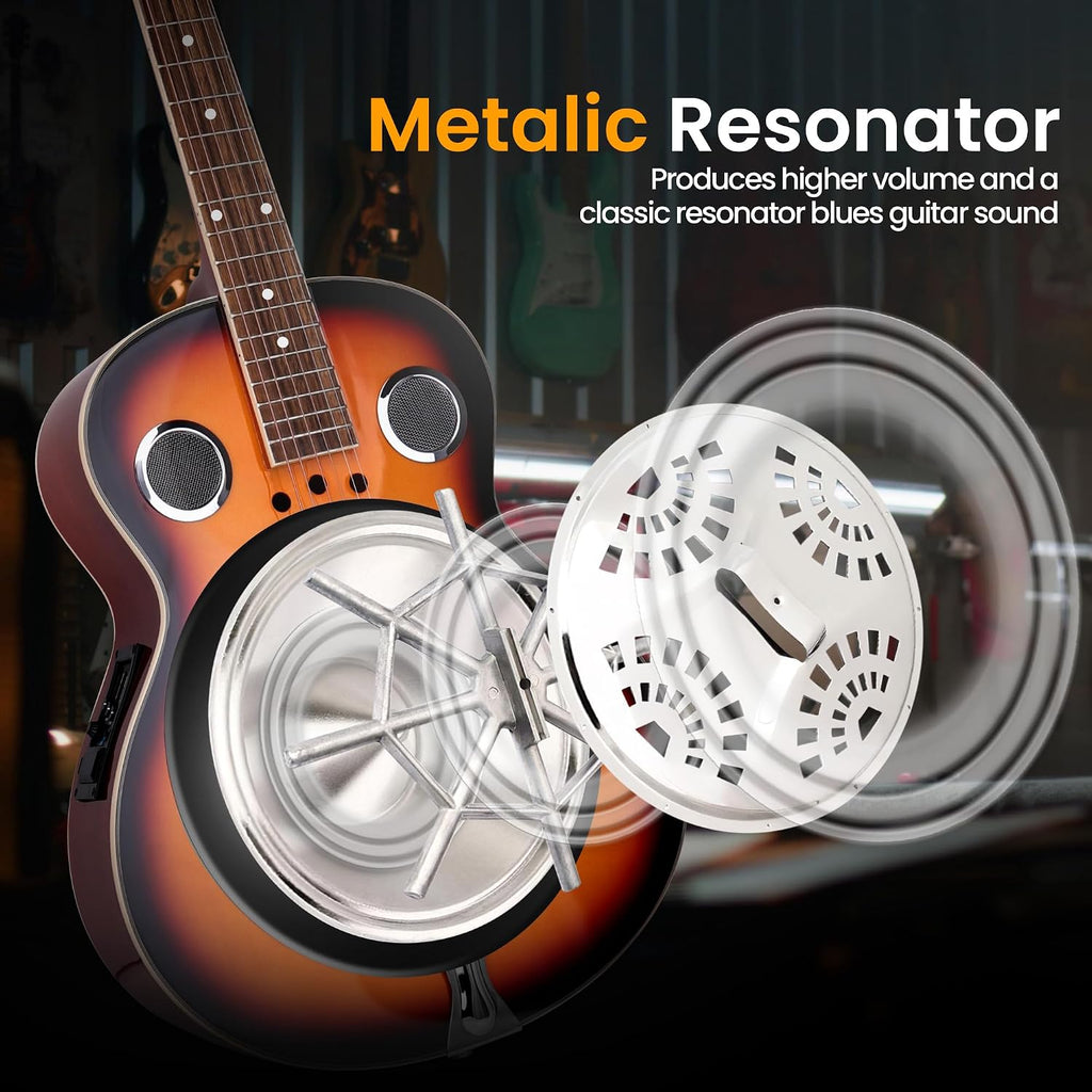 Pyle Electro Resophonic Acoustic Electric Guitar Set, Full Size Round Neck Traditional Resonator, Built-in Pre Amplifier, White