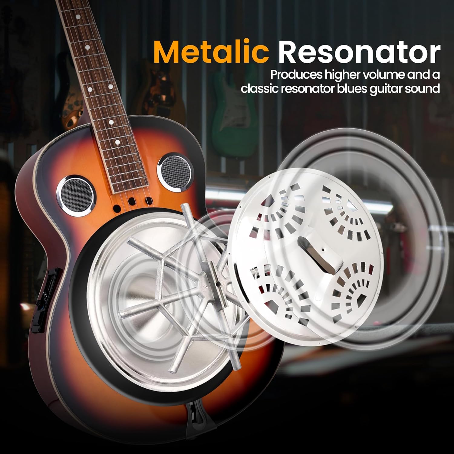 Pyle Resophonic Resonator Acoustic Electric Guitar-6 String Round Neck Sunburst Mahogany Traditional Resonator w/Built-in Pre Amplifier,Case Bag,Strap,Steel Strings,Tuner,Picks