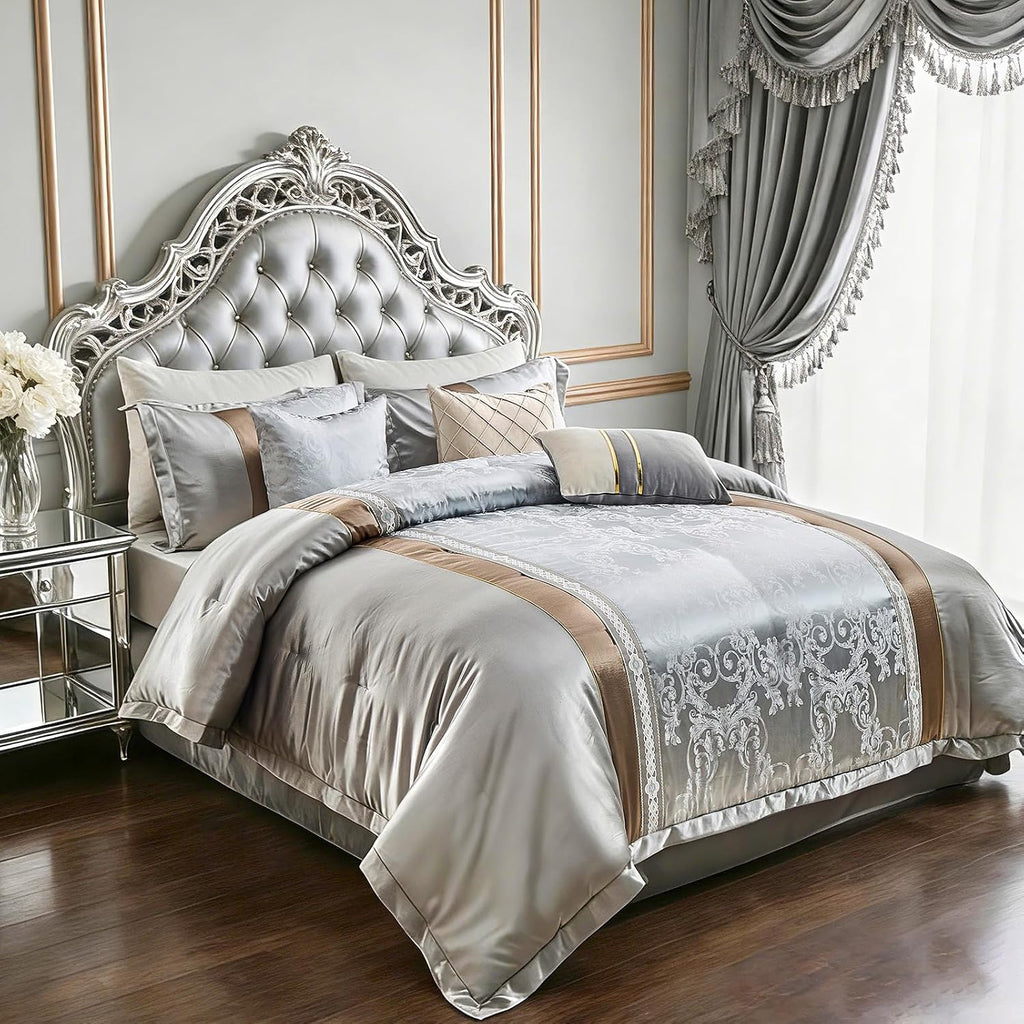 7-Piece Queen Comforter Set Bed in a Bag, Elegant Silver Gray Botanical Jacquard Design, Reversible All-Season Luxury Bedding, Soft Faux Silk Fluffy Comforter 90'x90'