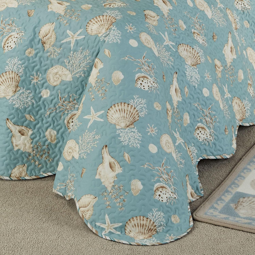 Seabreeze Coastal Beach Polyester Bedding | All Season Quilted | Shell Starfish Coral Stripe | Aqua Teal Ivory Cream | 5 Pc Set: Twin Bedspread, 1 Standard Sham, 2 Square Pillows, 1 Rectangle Pillow