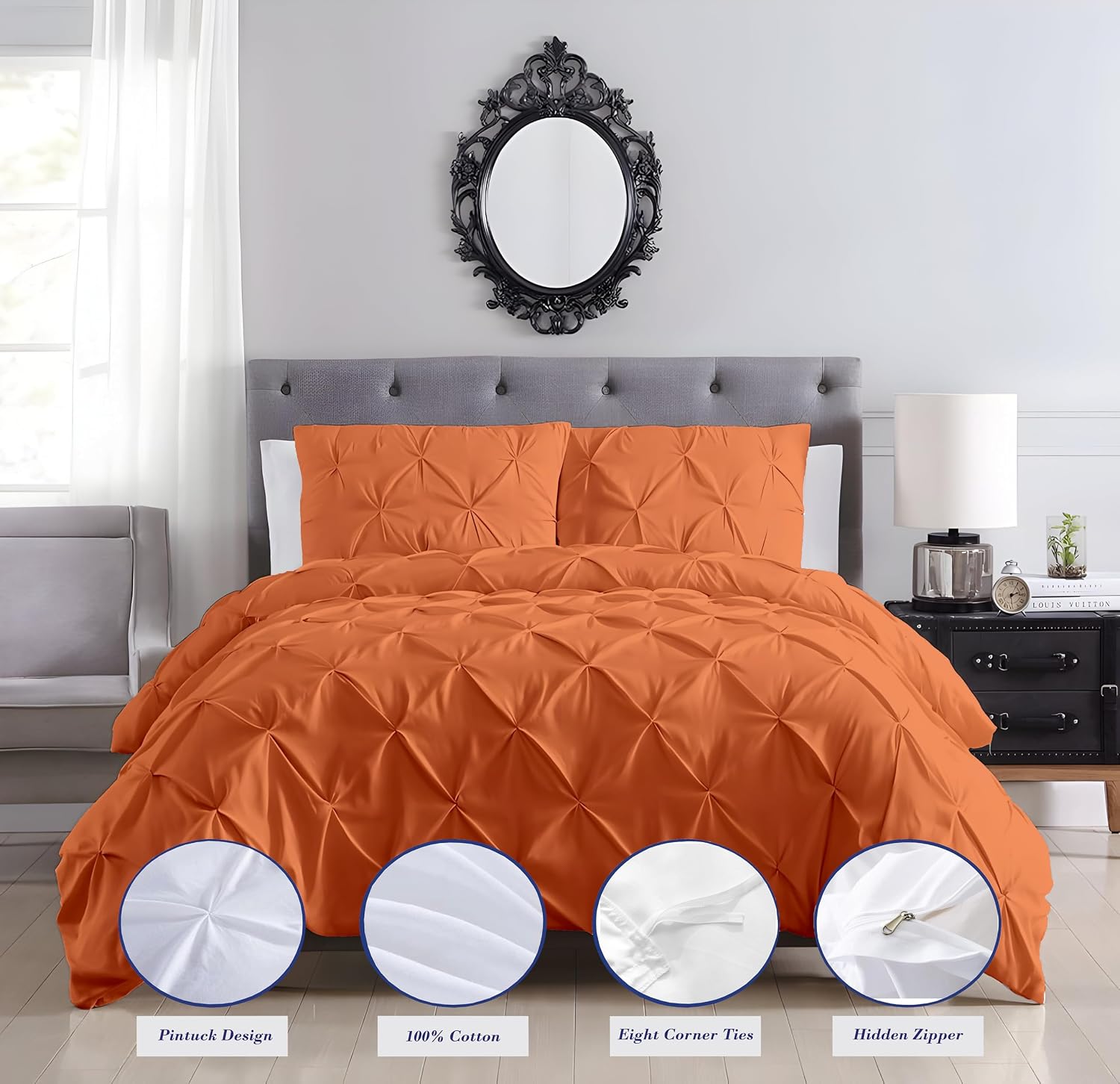 Luxury Burnt Orange Pinch Pleated Pintuck Duvet Cover Set Oversized King Plus 120'x128' Size Egyptian Cotton Luxury Soft & Breathable Comforter Cover with Corner Ties & Zipper Closure