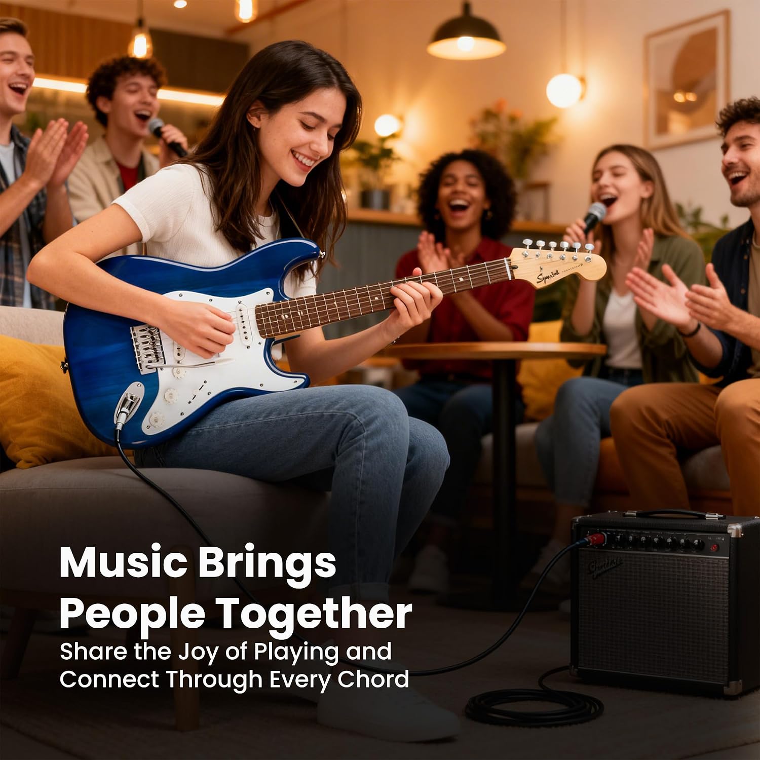 Fender Squier Sonic Stratocaster Pack - Sapphire Blue Transparent Bundle with Frontman 10G Amp, Gig Bag, Tuner, Instrument Cable, Strap, and Picks