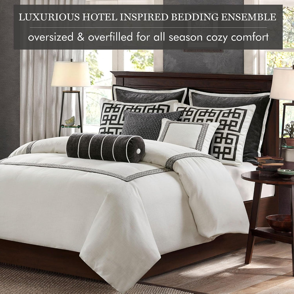 Madison Park Signature Queen Comforter Set Hotel Style Embroidered, Oversized Comforters Queen Size Bed, All Season Down Alternative Overfilled Queen Size Comforter, Jarvis, Queen Black/White 8 Piece