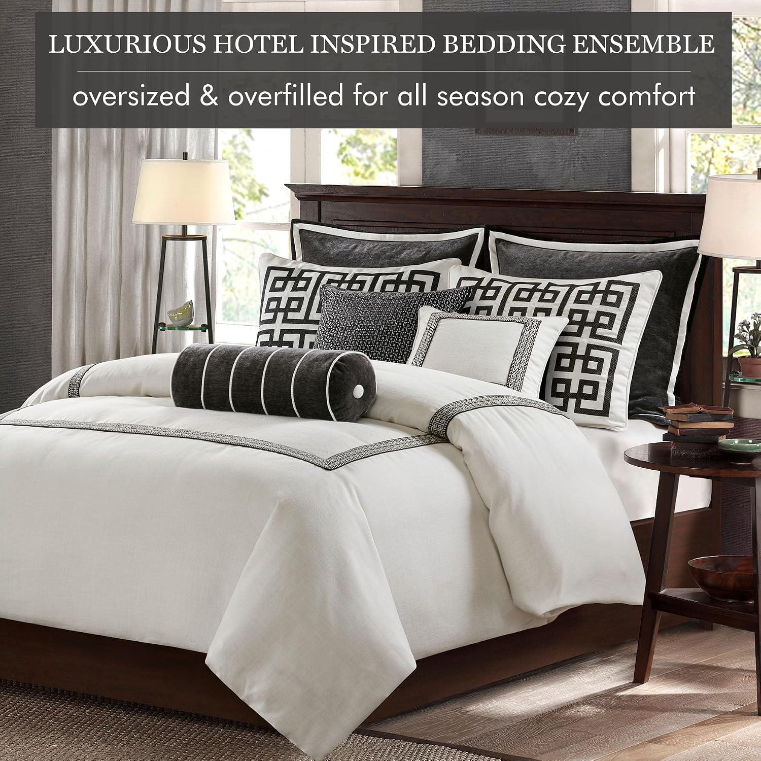 Madison Park Signature Queen Comforter Set Hotel Style Embroidered, Oversized Comforters Queen Size Bed, All Season Down Alternative Overfilled Queen Size Comforter, Jarvis, Queen Black/White 8 Piece