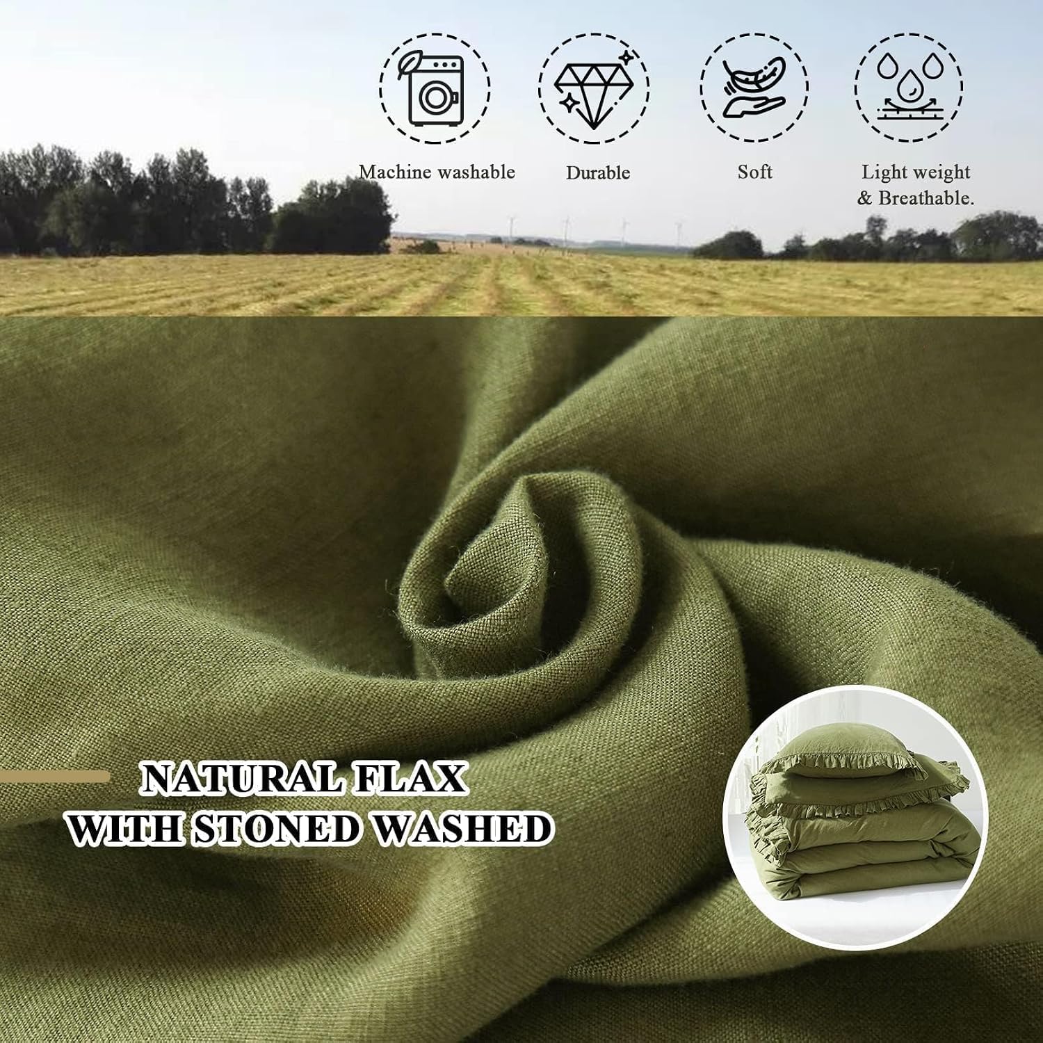 Simple&Opulence 100% Linen Duvet Cover Set, 3 PCS Natural French Flax Ruffle Duvet Cover King Size, Breathable Comfy Linen Bedding Comforter Cover with 2 Pillowcases (Olive Green, 104' X 92')