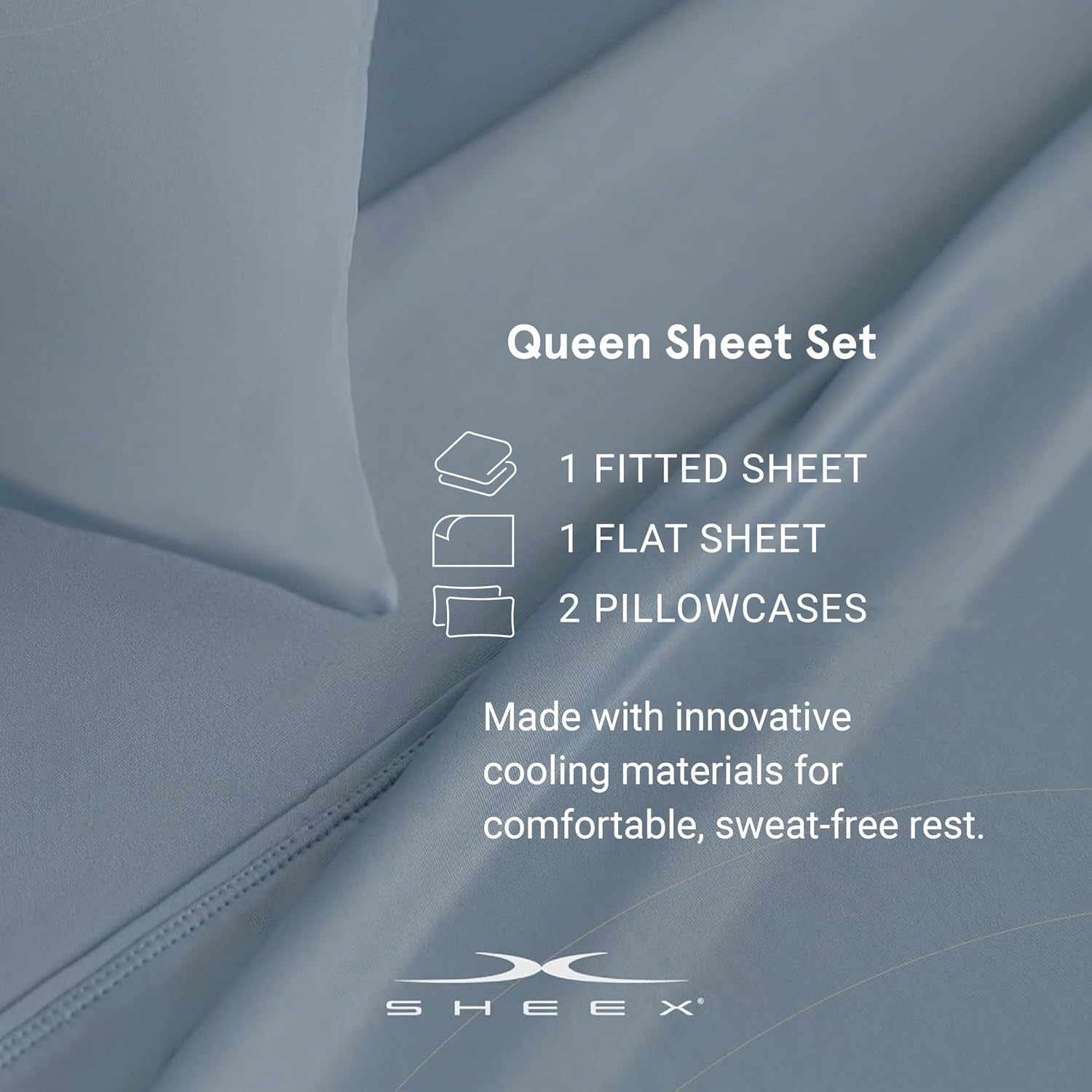SHEEX - Active Comfort Cooling Sheets Set (Queen) Blue Sky - Moisture Wicking - 1 Flat Cooling Sheet, 1 Fitted Cooling Sheet, 2 Cooling Pillow Covers - Wrinkle Free - Sleep Aid