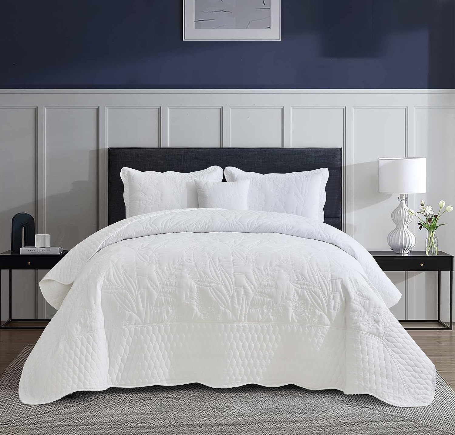 DaisyHuang Botanical Oversized Bedspread Queen Size - Leaves Pattern Stitching Quilt Set - Elegant & Fresh Style Bedding Coverlets, Reversible, Lightweight, 5 Piece, White