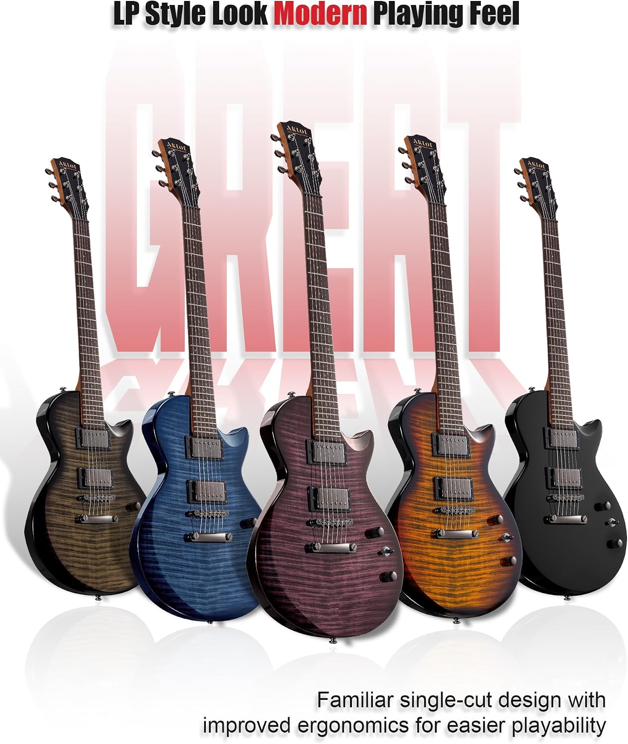 AKLOT 24-Fret Electric Guitar Kit, 40 inch Single Cut (LP Style), Modern Playability Coil-Split Humbucker Pickups, 18:1 Tuning Pegs,W/Guitar Accessories Gig Bag,Cable,Strap,Picks,Strings,Tuner,Book