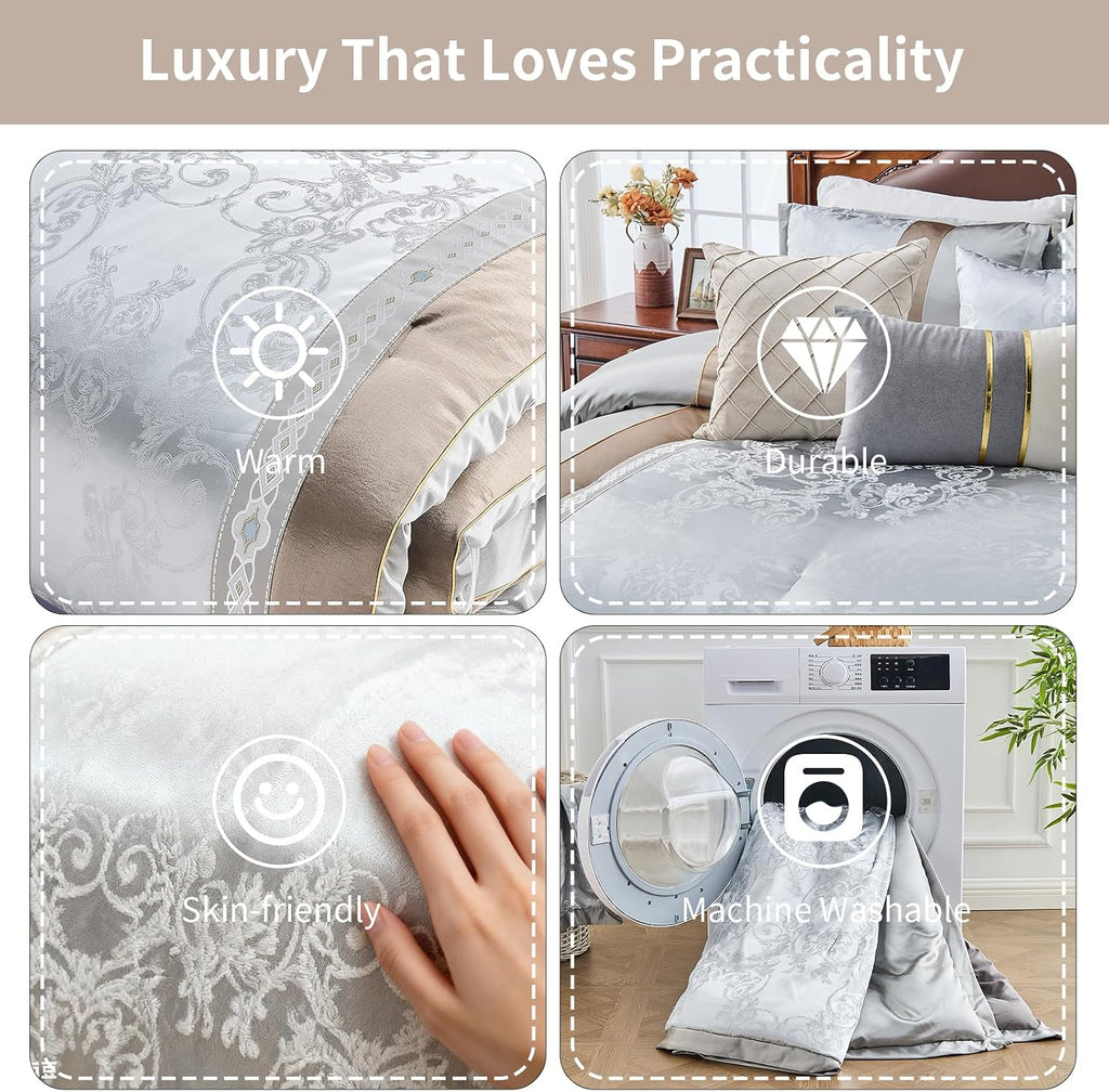 7-Piece Queen Comforter Set Bed in a Bag, Elegant Silver Gray Botanical Jacquard Design, Reversible All-Season Luxury Bedding, Soft Faux Silk Fluffy Comforter 90'x90'