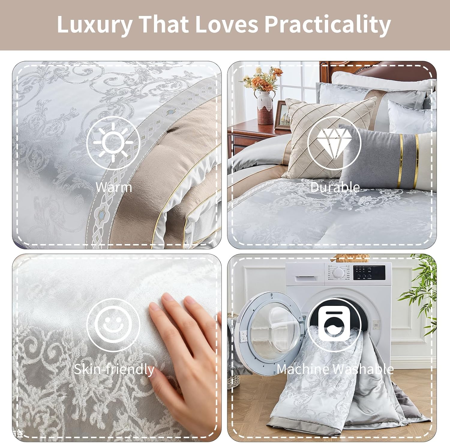 7-Piece Queen Comforter Set Bed in a Bag, Elegant Silver Gray Botanical Jacquard Design, Reversible All-Season Luxury Bedding, Soft Faux Silk Fluffy Comforter 90'x90'