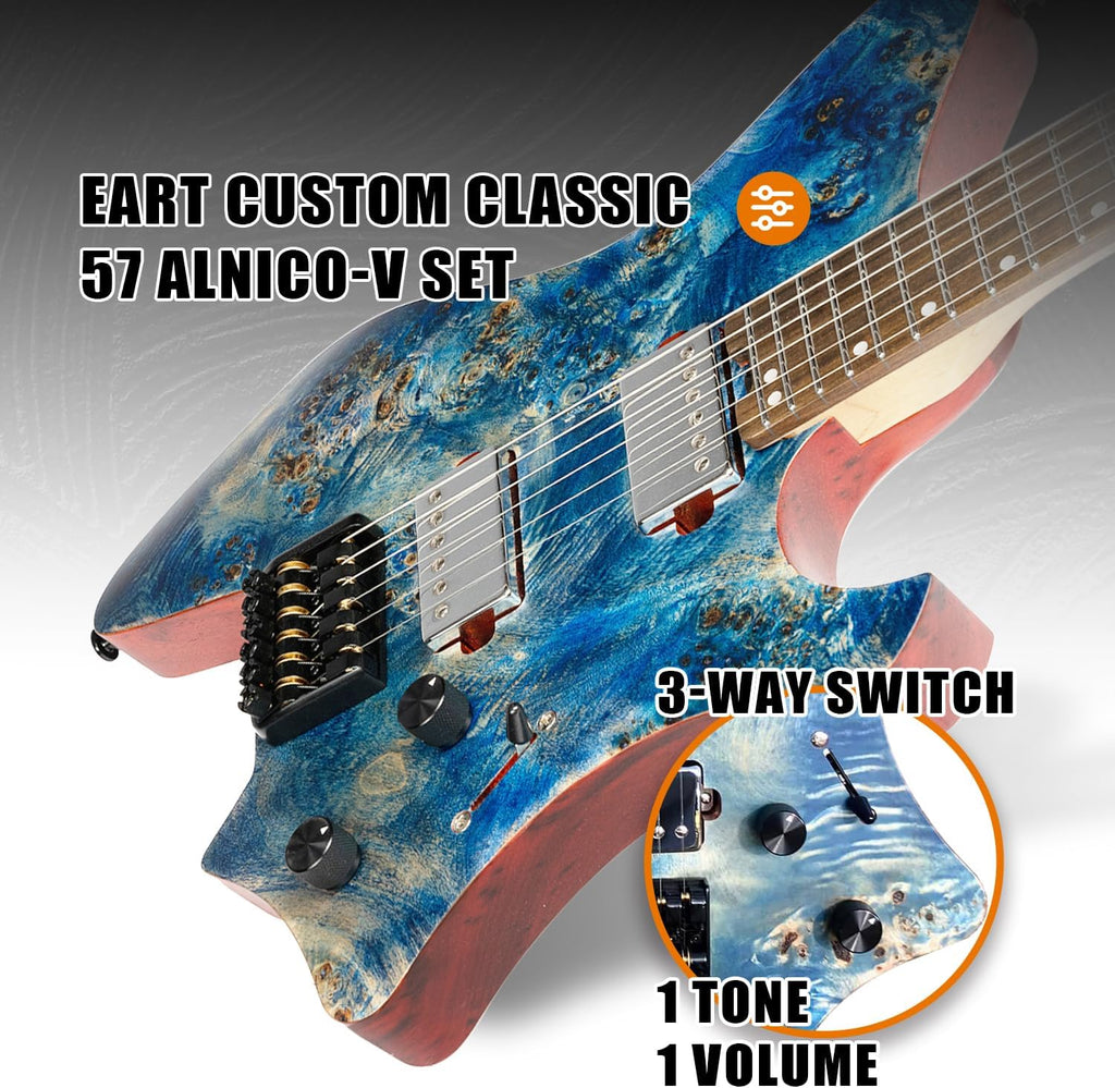 EART GW2 25.5' Headless Electric Guitar - Roasted Padauk Soild Body/5pc Maple Neck - Alnico-V Pickups, Stainless Frets