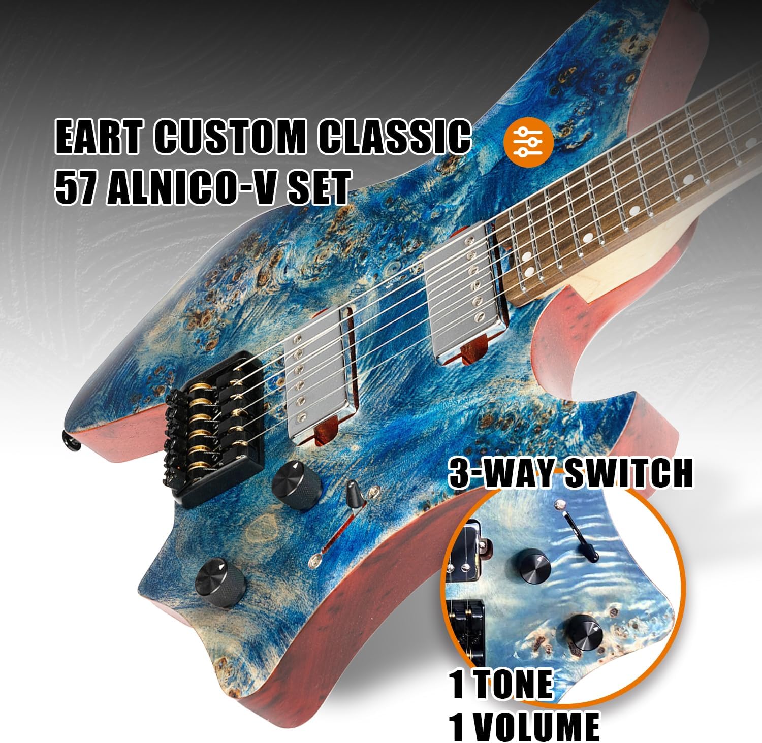 EART GW2 25.5' Headless Electric Guitar - Roasted Padauk Soild Body/5pc Maple Neck - Alnico-V Pickups, Stainless Frets