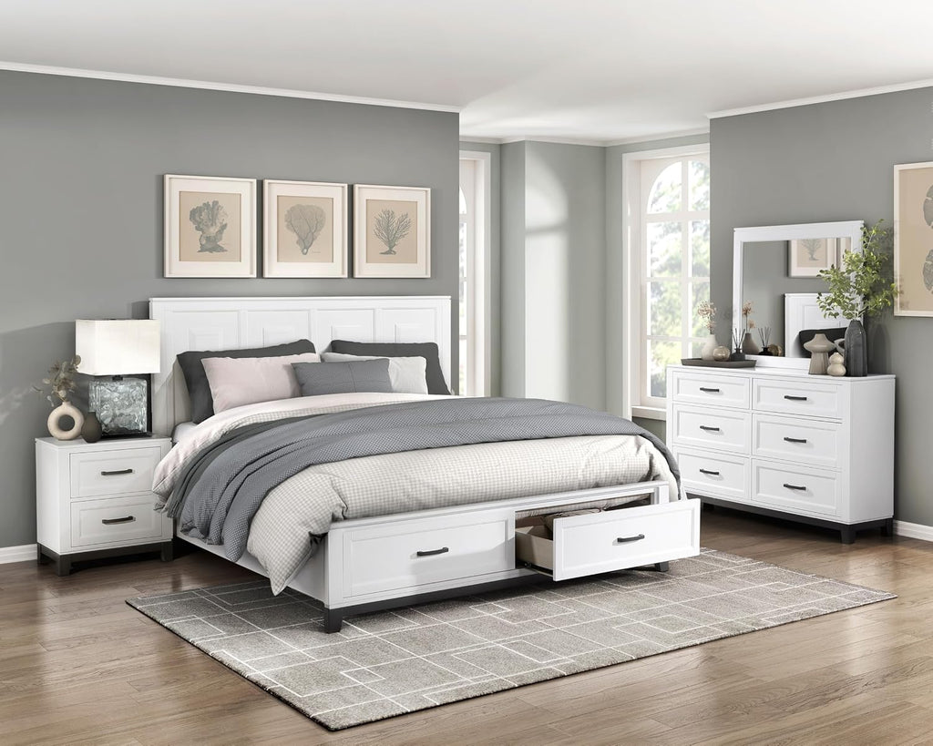 4PC California King Bedroom Set White Finish Wooden Platform Storage Bed, Transitional Style Furniture