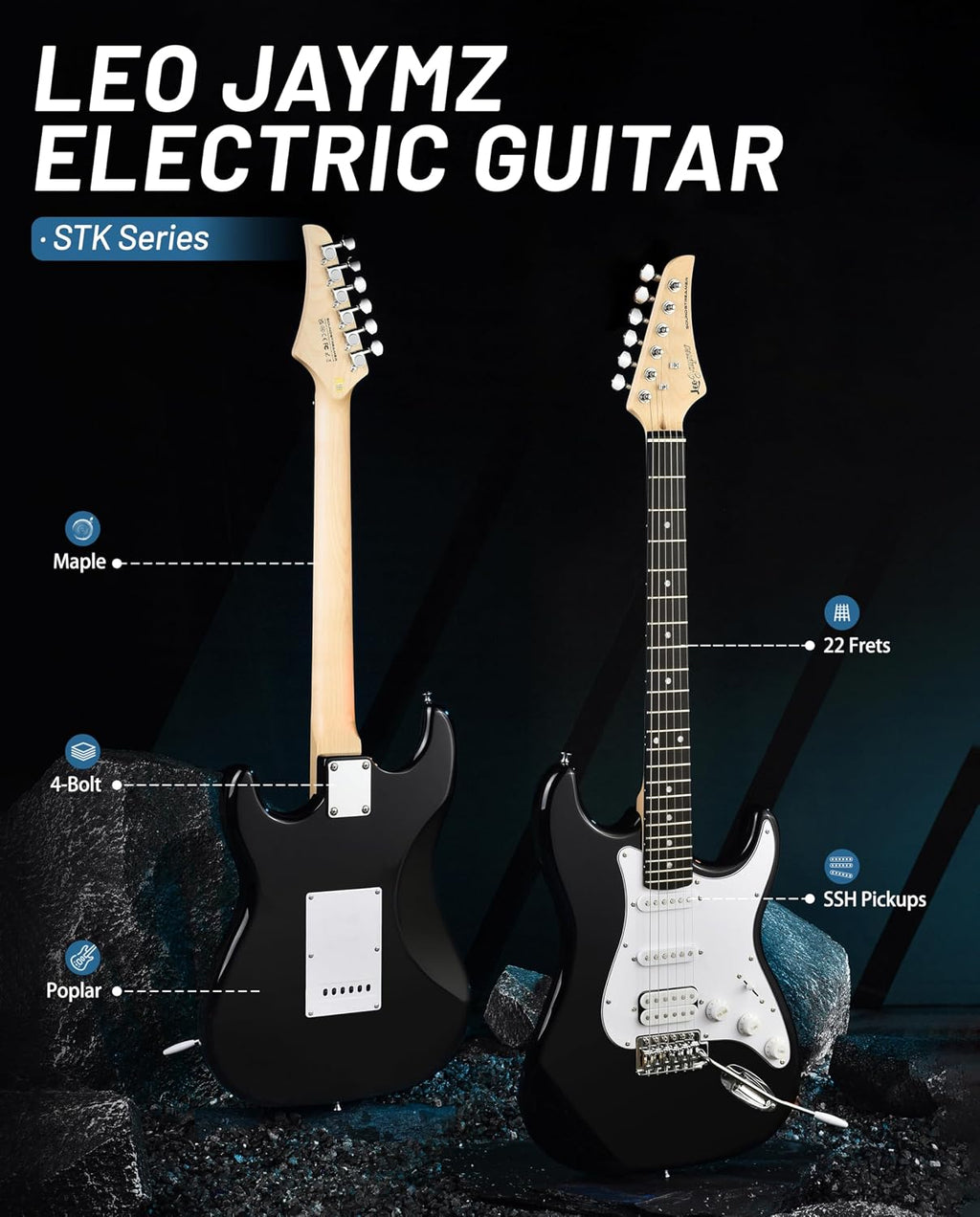 Leo Jaymz Beginner Electric Guitar 39' Kit with Portable Amplifier, Padded Gig Bag, Digital Tuner，Capo，Strap，Picks，HSS Pickups(Black-HSS)
